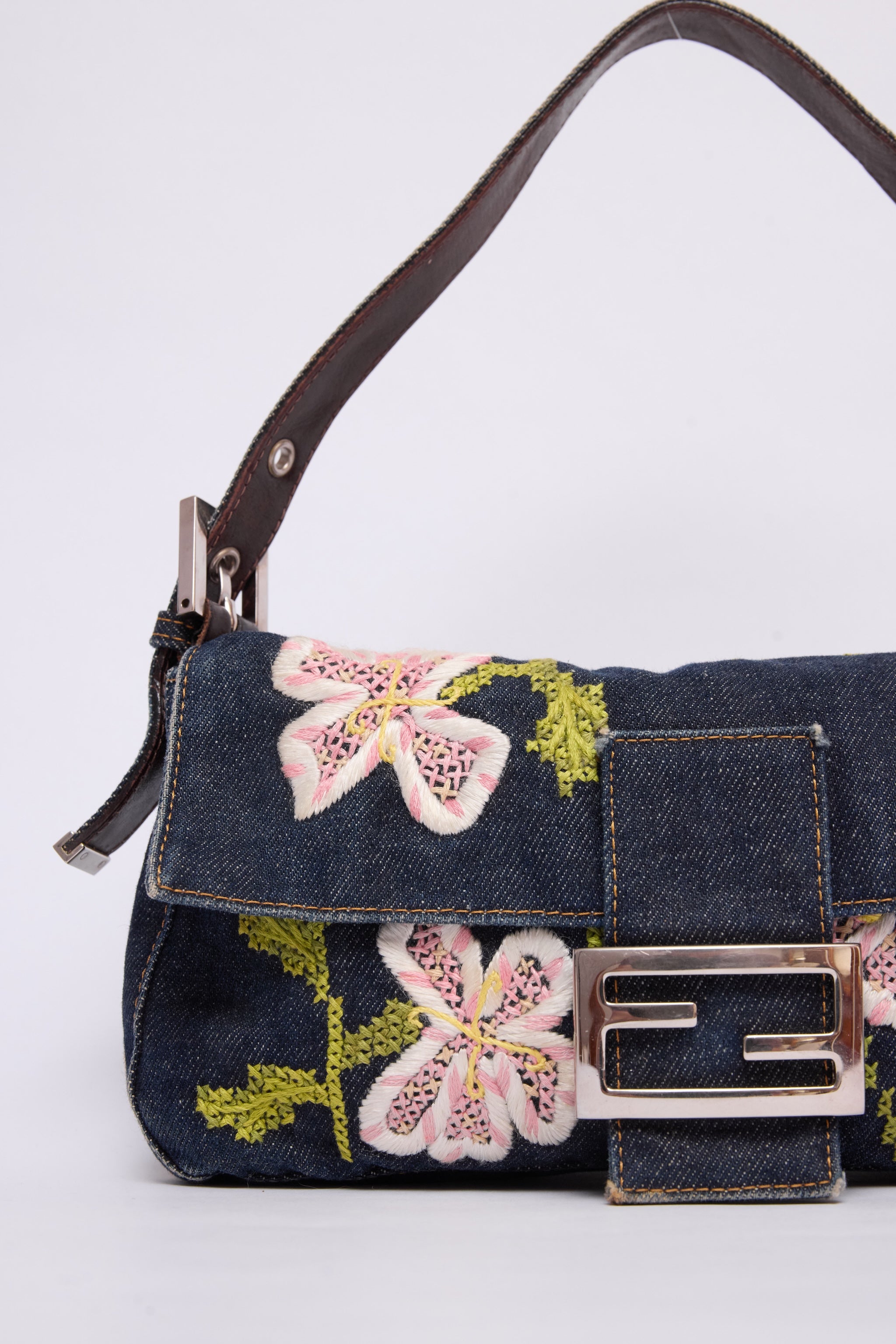 FENDI DENIM FLORAL BAGUETTE