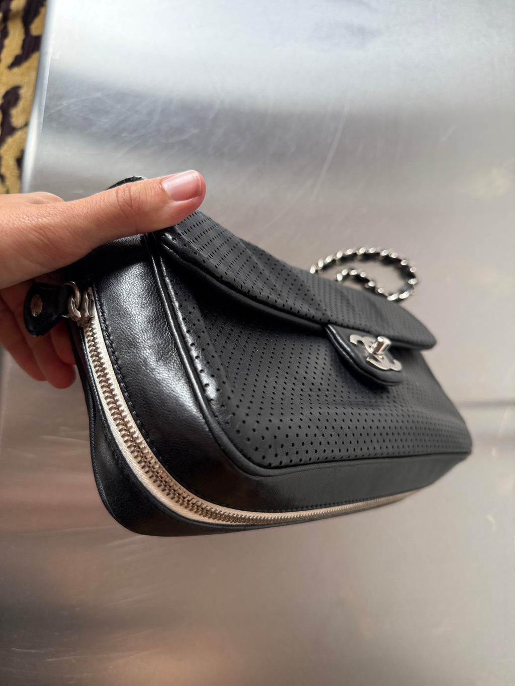 CHANEL BLACK PERFORATED BASEBALL SPIRIT MEDIUM FLAP