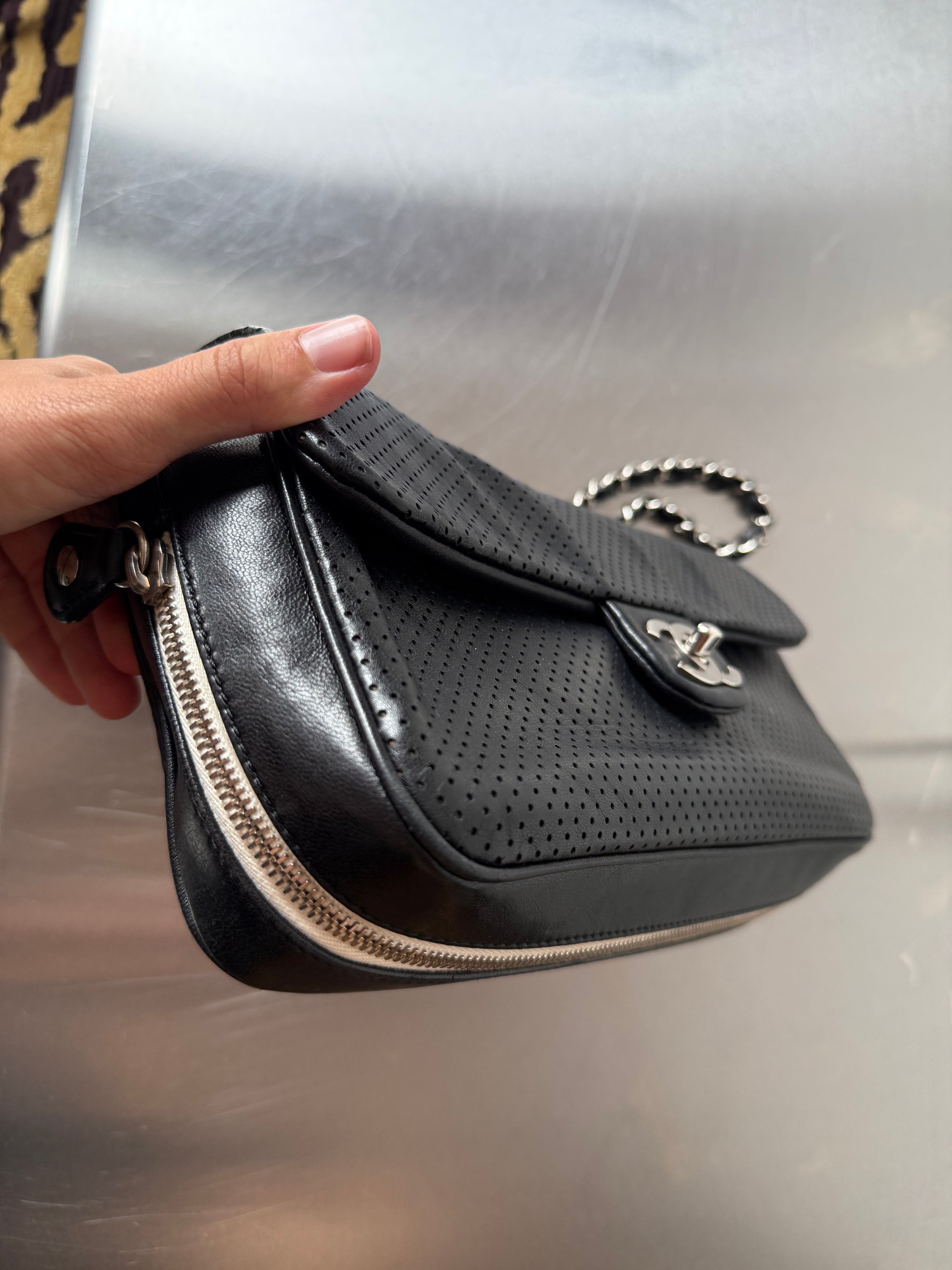 CHANEL BLACK PERFORATED BASEBALL SPIRIT MEDIUM FLAP