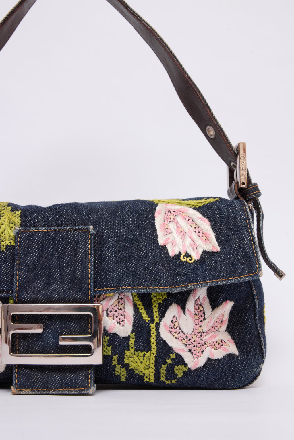 FENDI DENIM FLORAL BAGUETTE