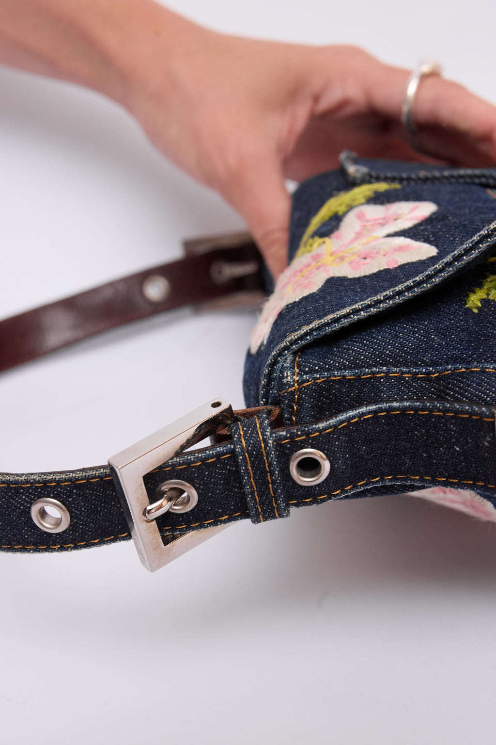 FENDI DENIM FLORAL BAGUETTE