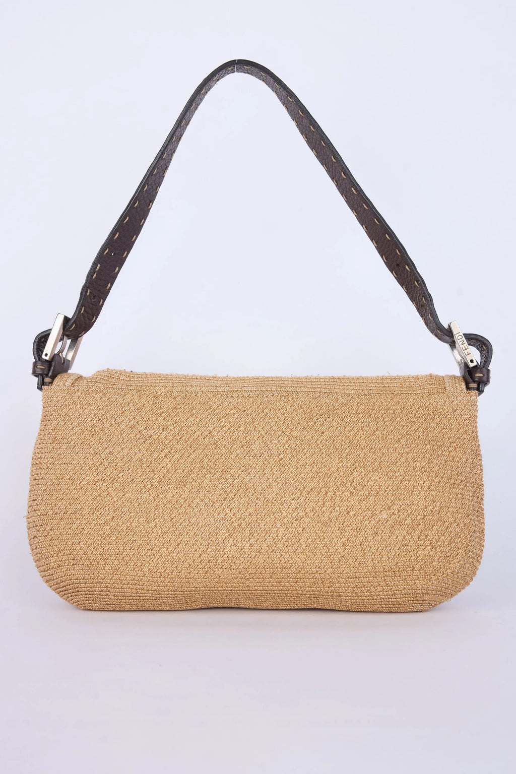FENDI BROWN SELLERIA  LEATHER RAFFIA BAGUETTE SHOULDER BAG