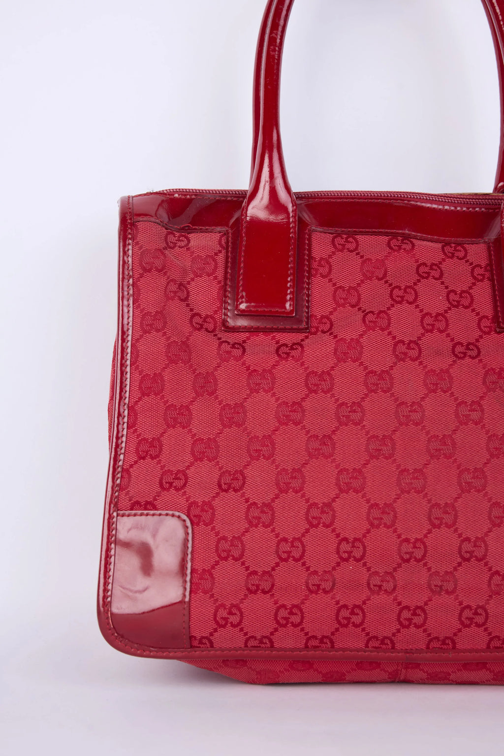 GUCCI RED GG CANVAS PATENT LEATHER TOTE BAG