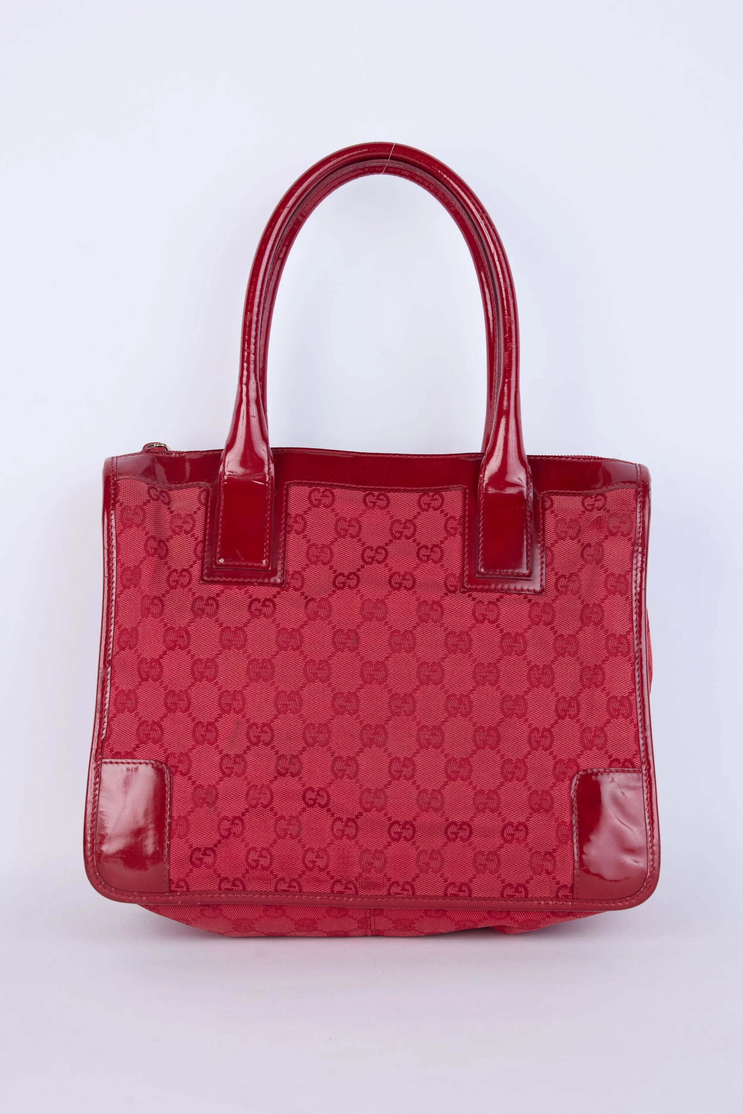 GUCCI RED GG CANVAS PATENT LEATHER TOTE BAG