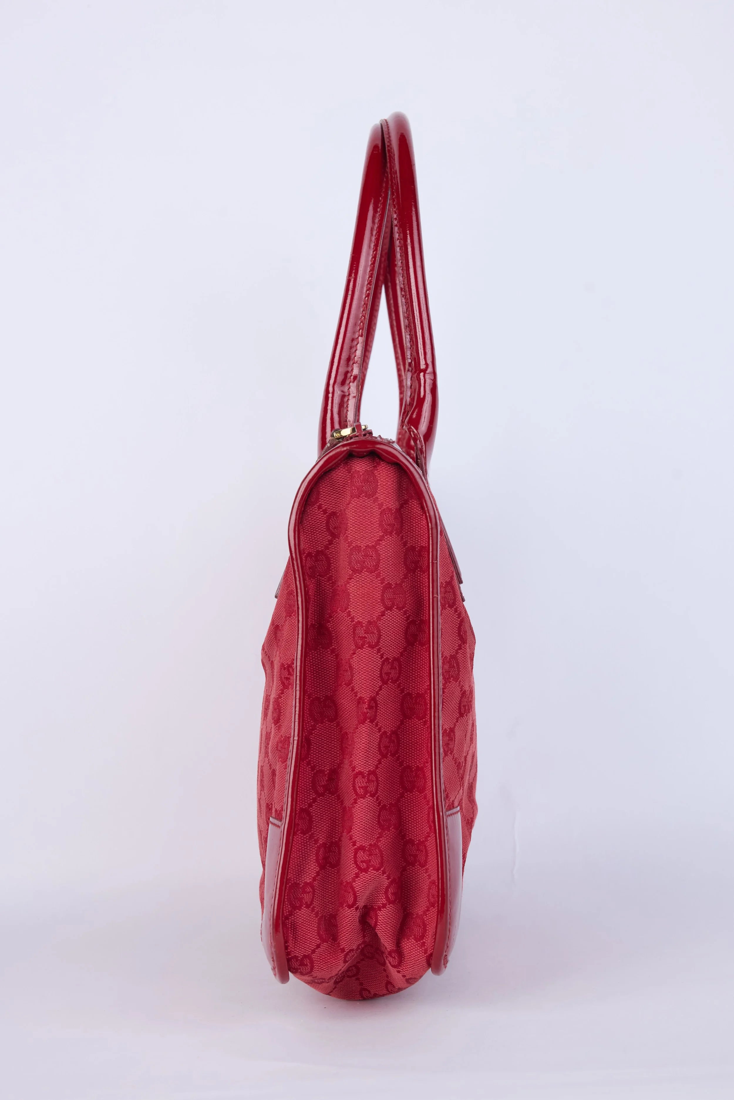 GUCCI RED GG CANVAS PATENT LEATHER TOTE BAG