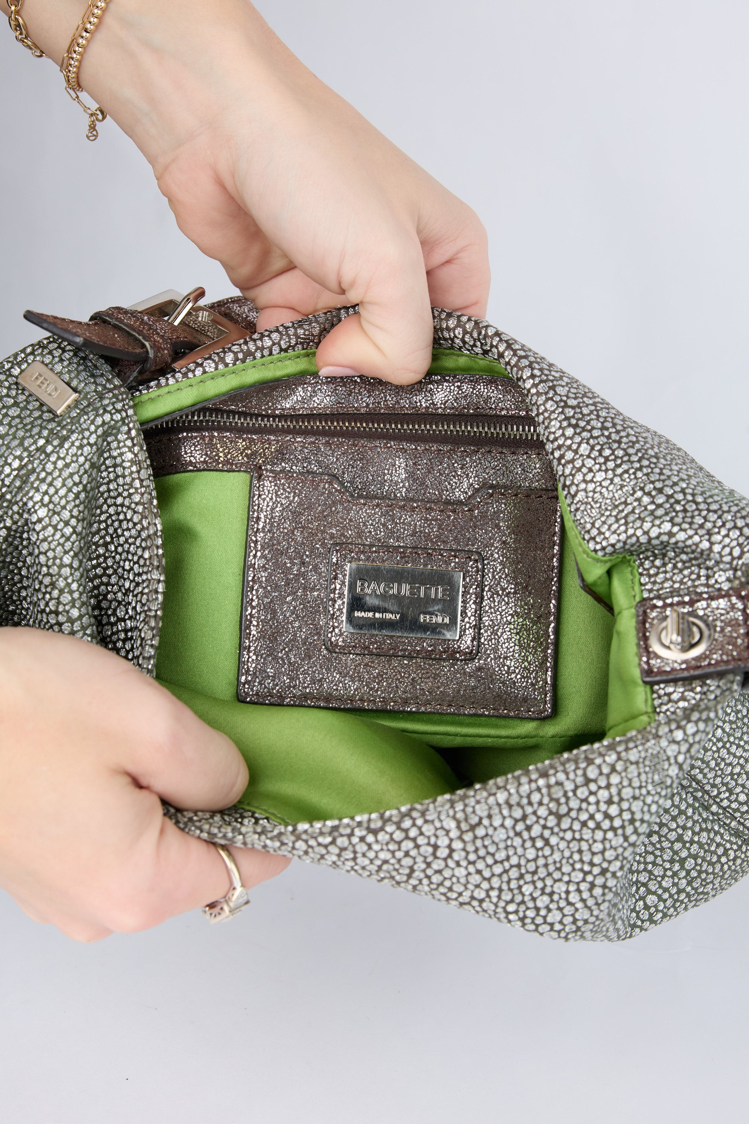 FENDI SILVER PEBBLED BAGUETTE