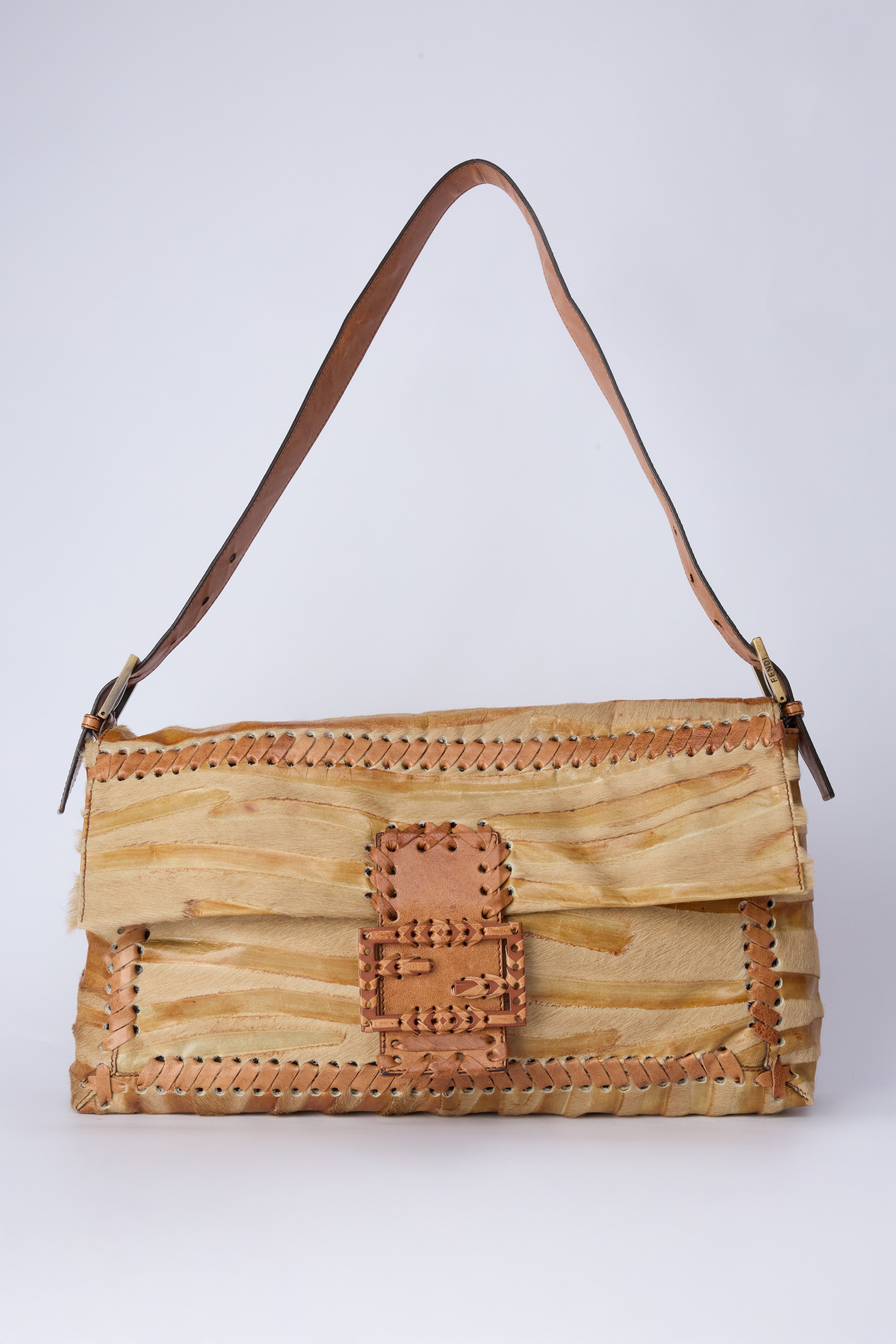 FENDI STRIPED JUMBO PONYHAIR BAGUETTE