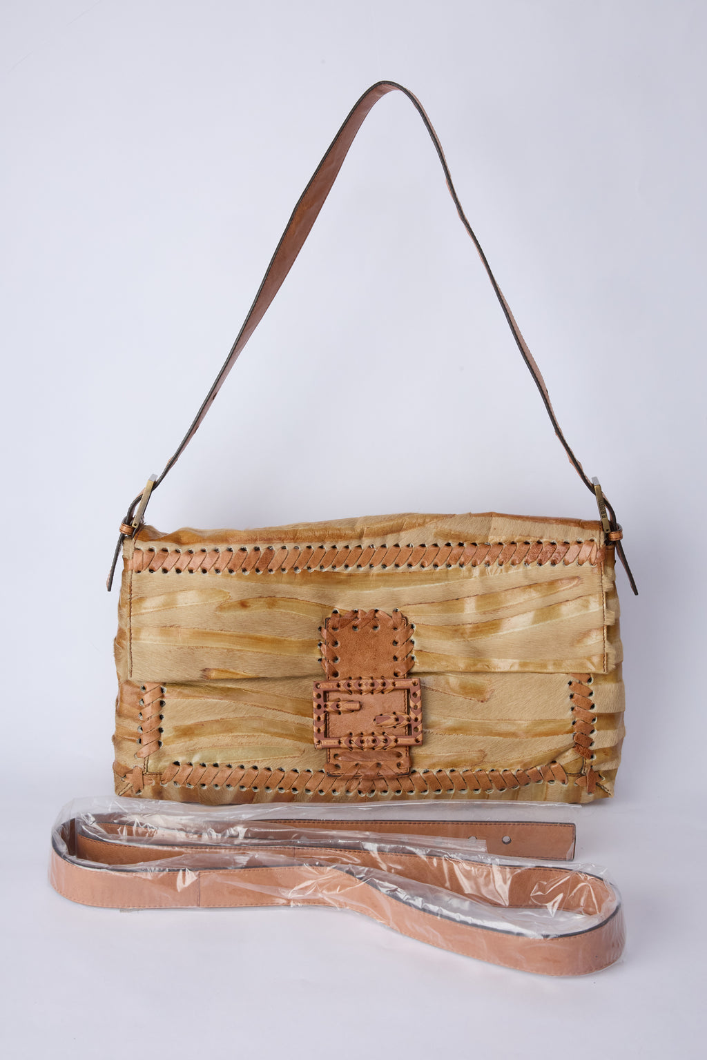 FENDI STRIPED JUMBO PONYHAIR BAGUETTE