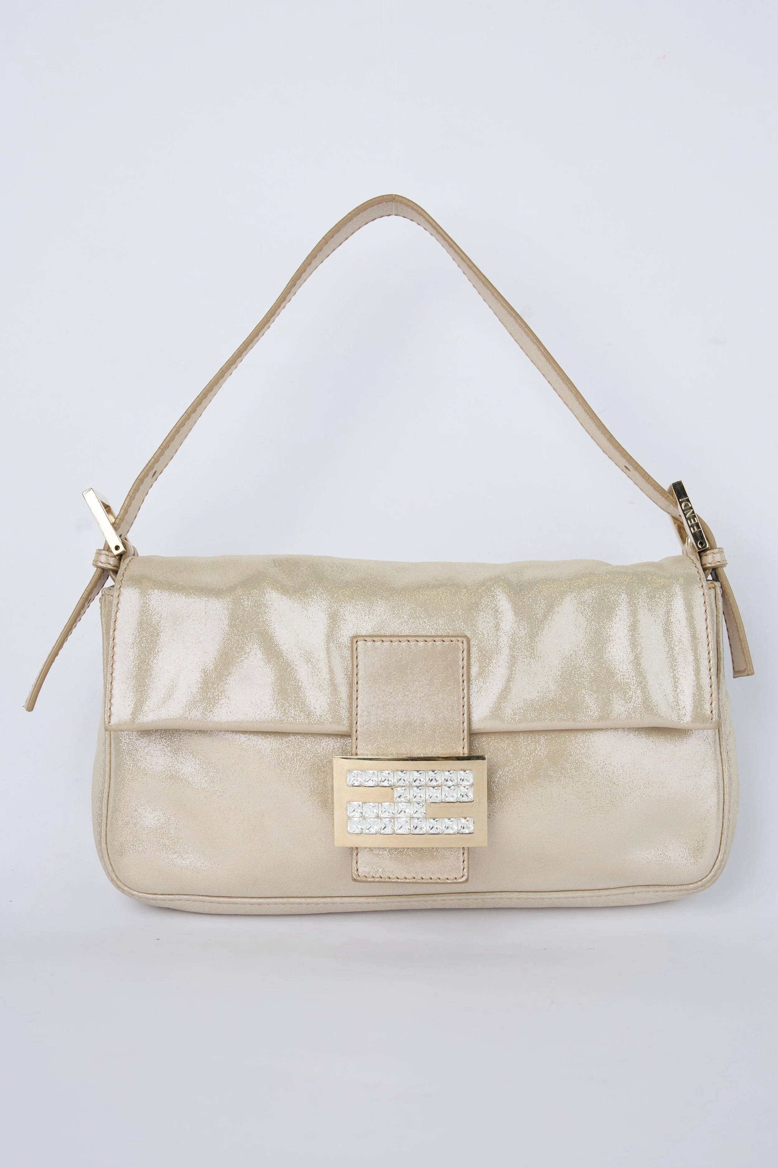 FENDI CHAMPAGNE CRYSTAL BUCKLE BAGUETTE