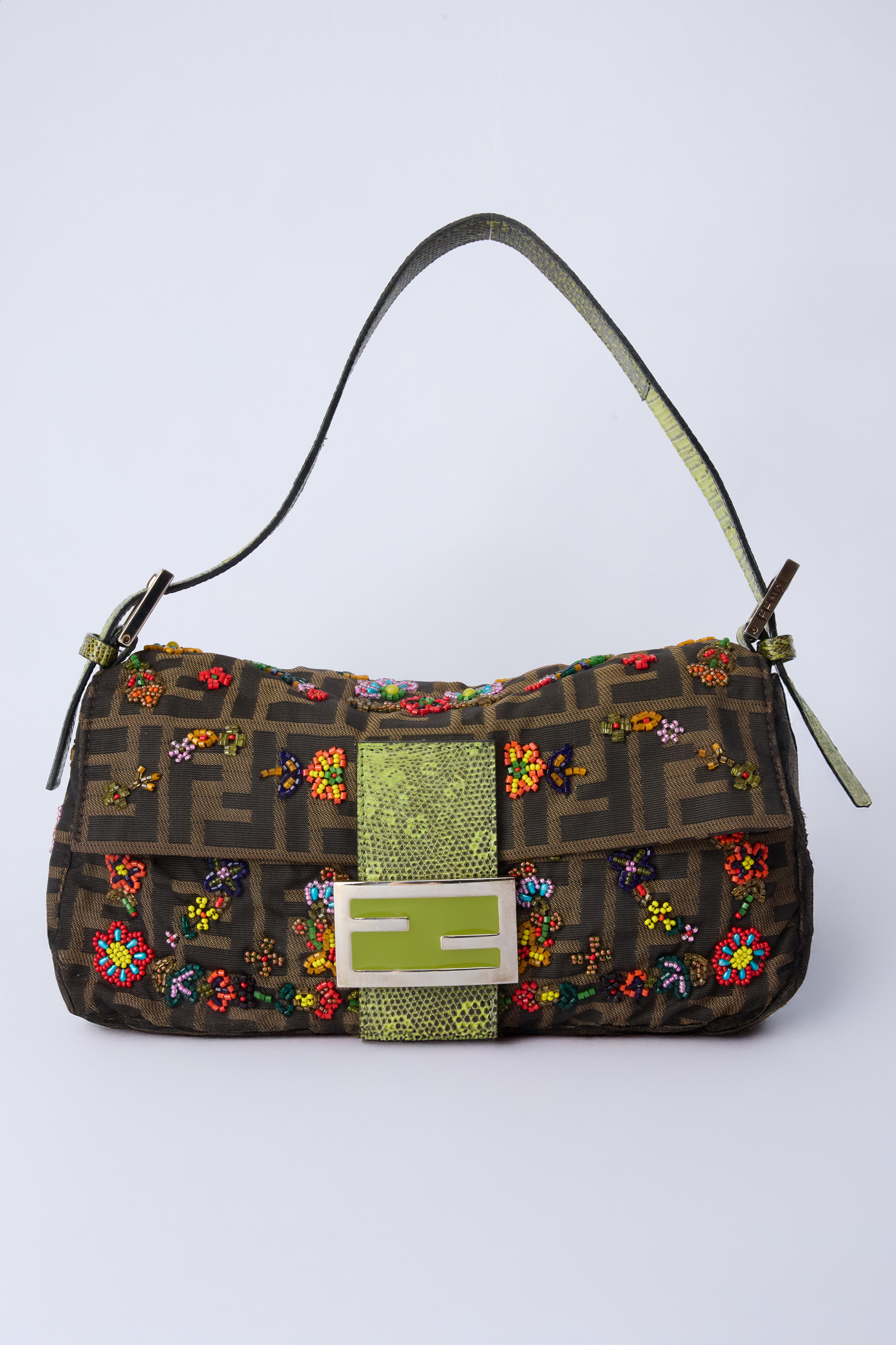 FENDI FLORAL BEADED ZUCCA BAGUETTE