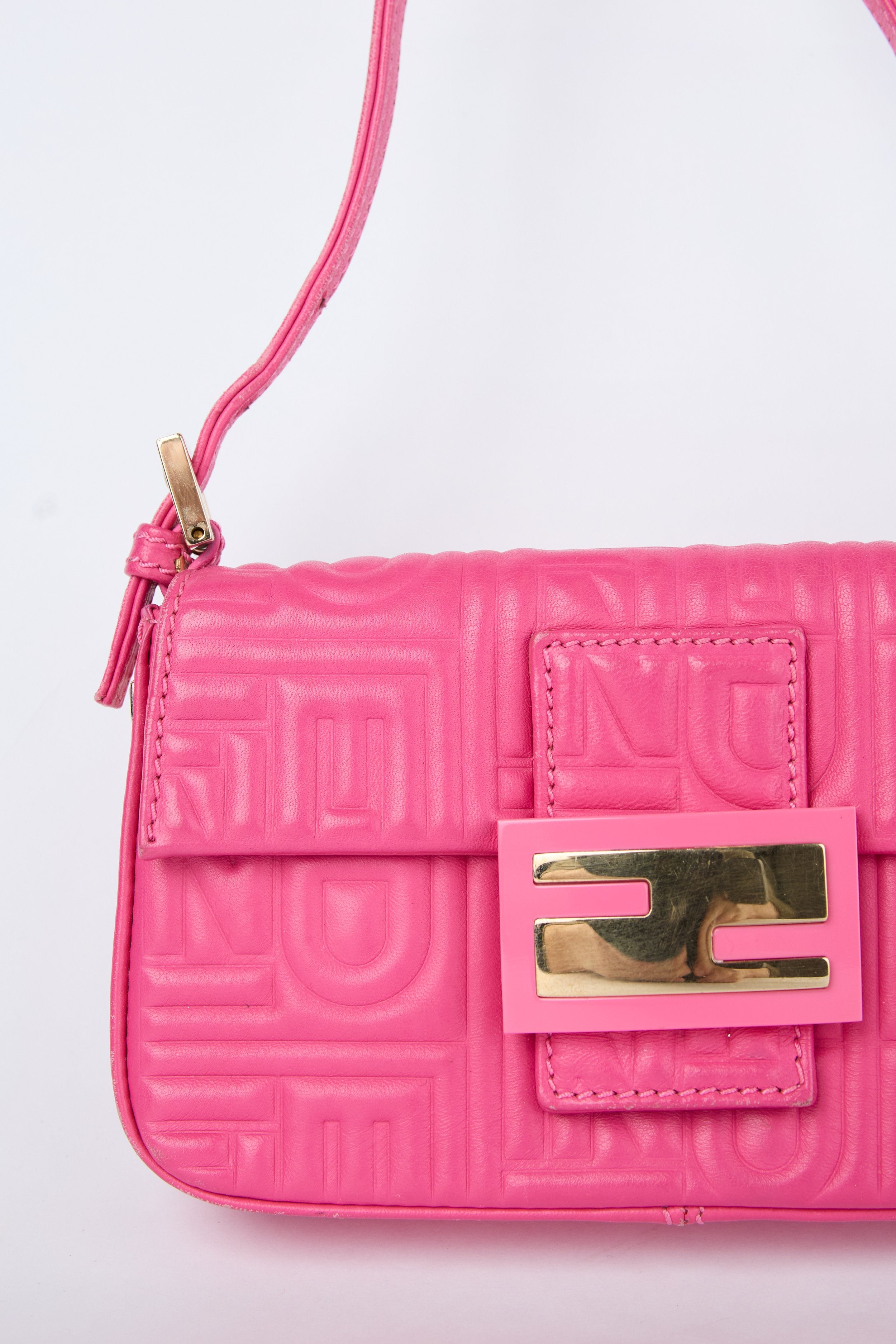 FENDI PINK EMBOSSED LOGO MINI BAGUETTE