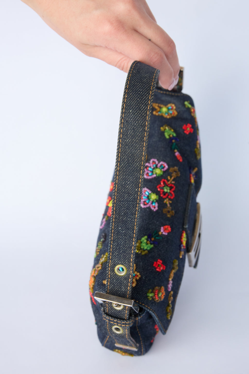 FENDI DENIM BEADED BAGUETTE