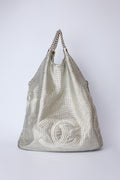 CHANEL METALLIC SILVER PERFORATED RODEO DRIVE XL TOTE
