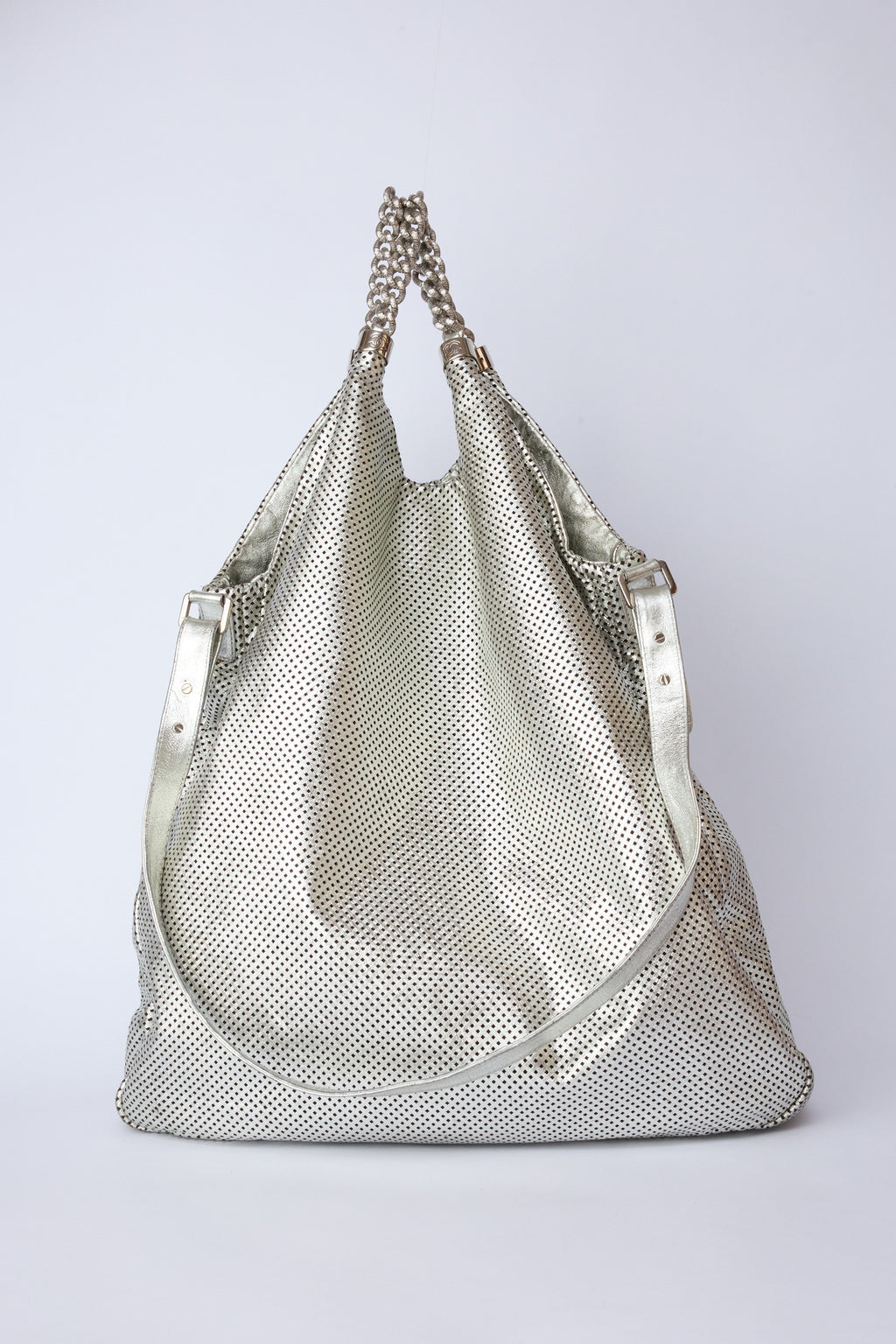 CHANEL METALLIC SILVER PERFORATED RODEO DRIVE XL TOTE