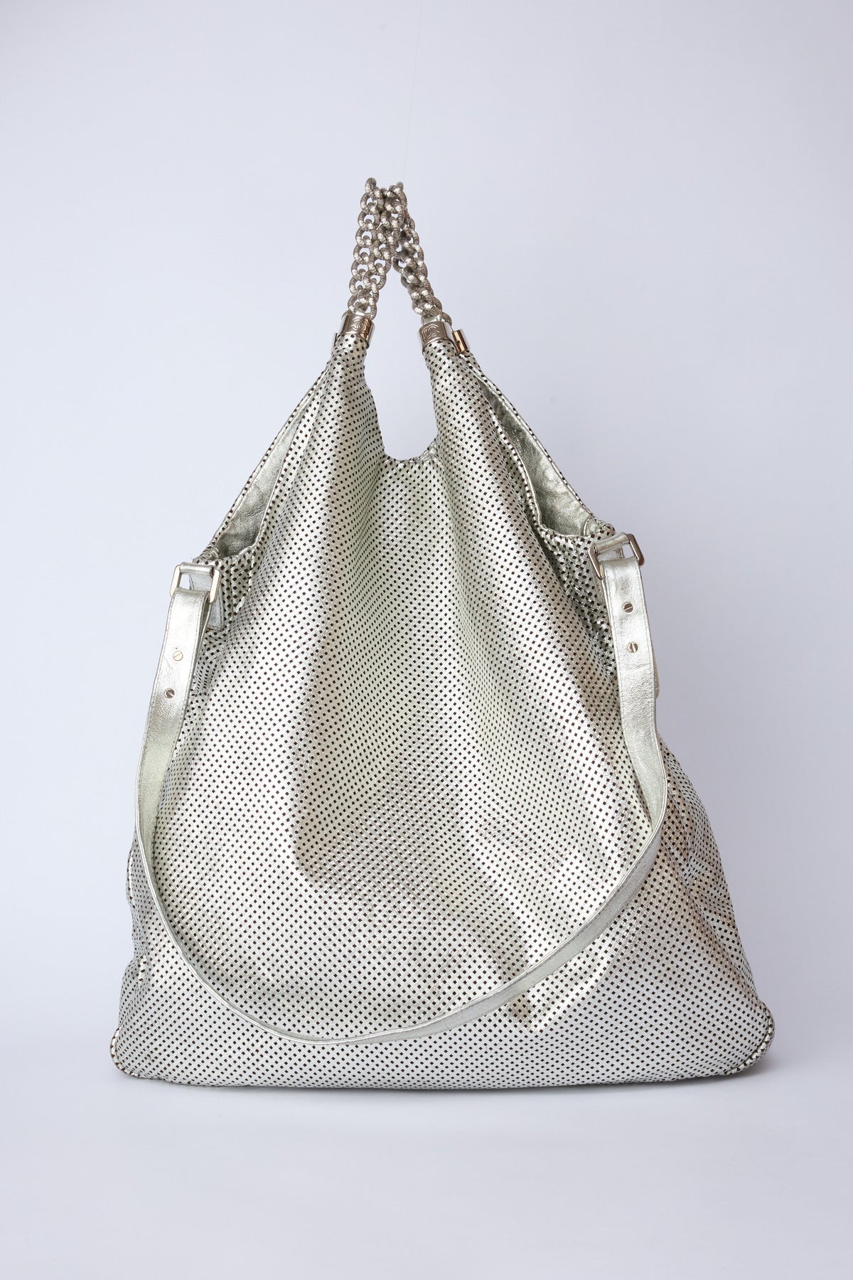 CHANEL METALLIC SILVER PERFORATED RODEO DRIVE XL TOTE