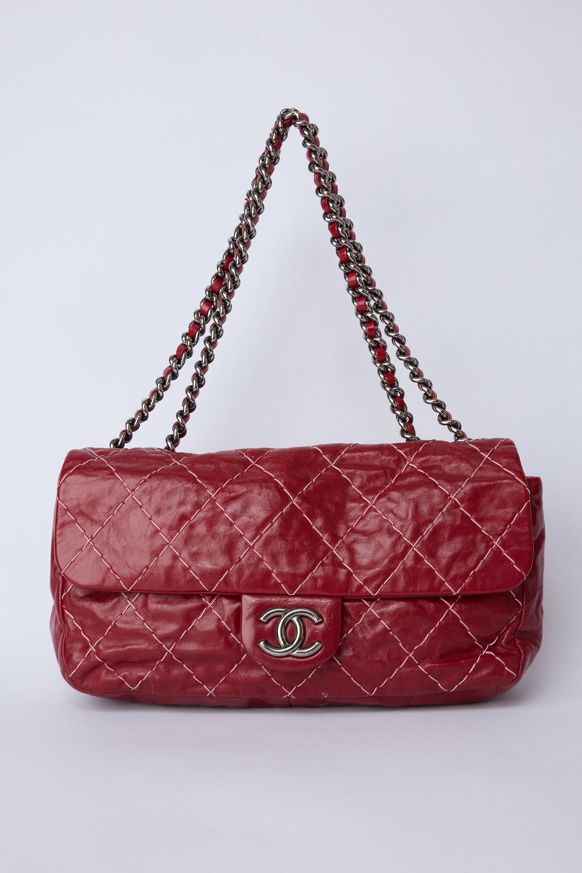 CHANEL RED STICH GLAZED MEDIUM FLAP