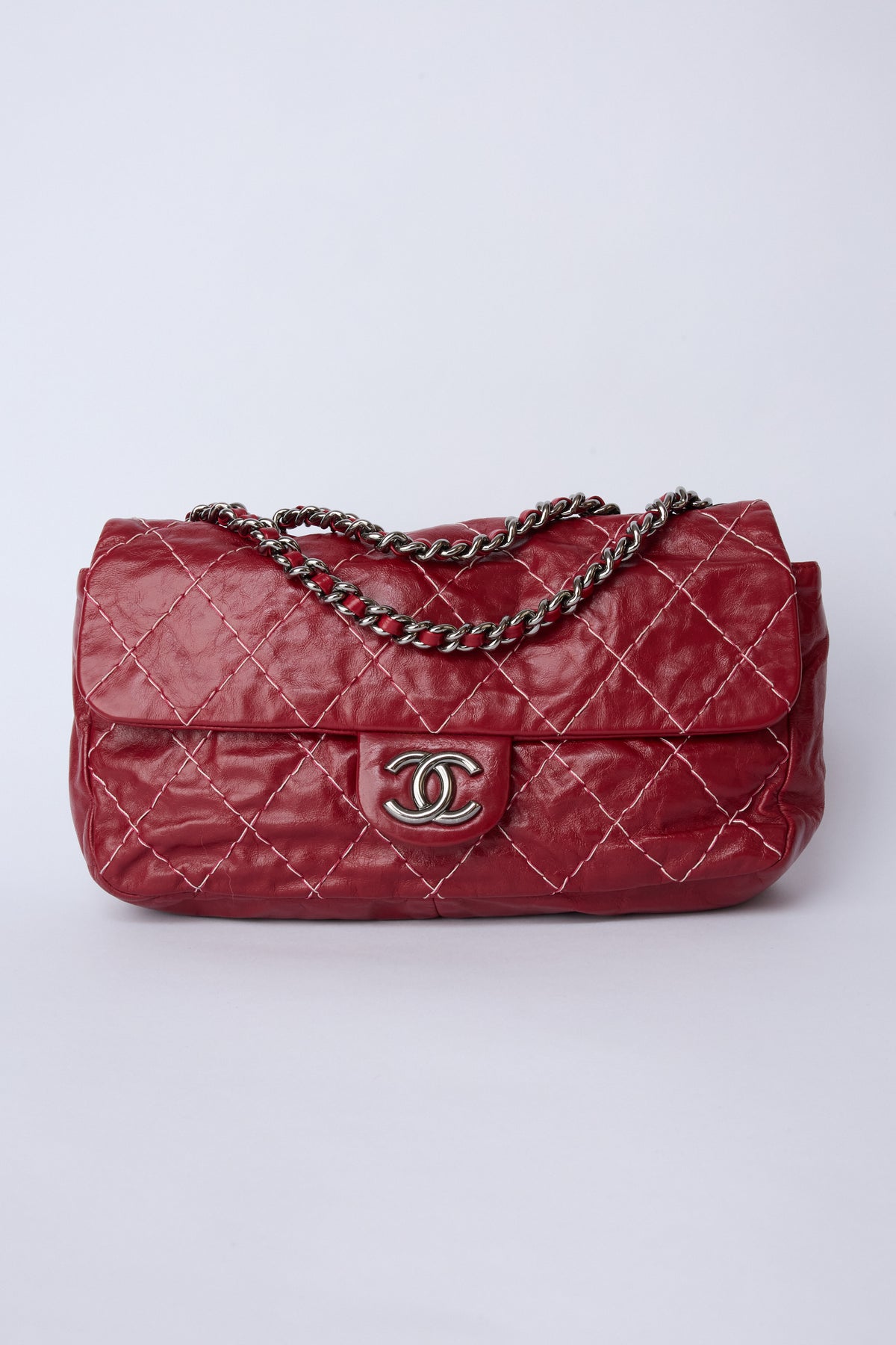 CHANEL RED STICH GLAZED MEDIUM FLAP