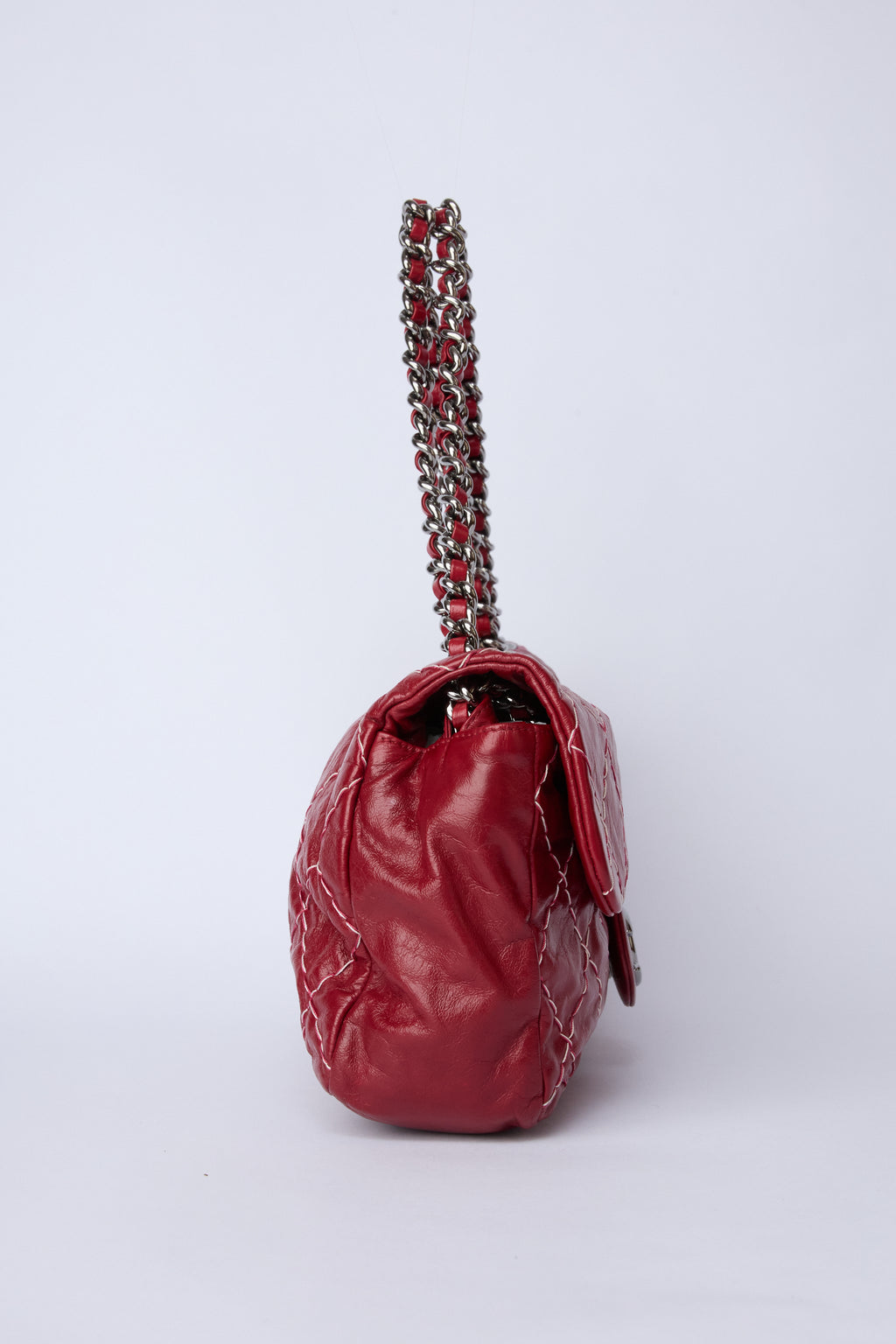 CHANEL RED STICH GLAZED MEDIUM FLAP