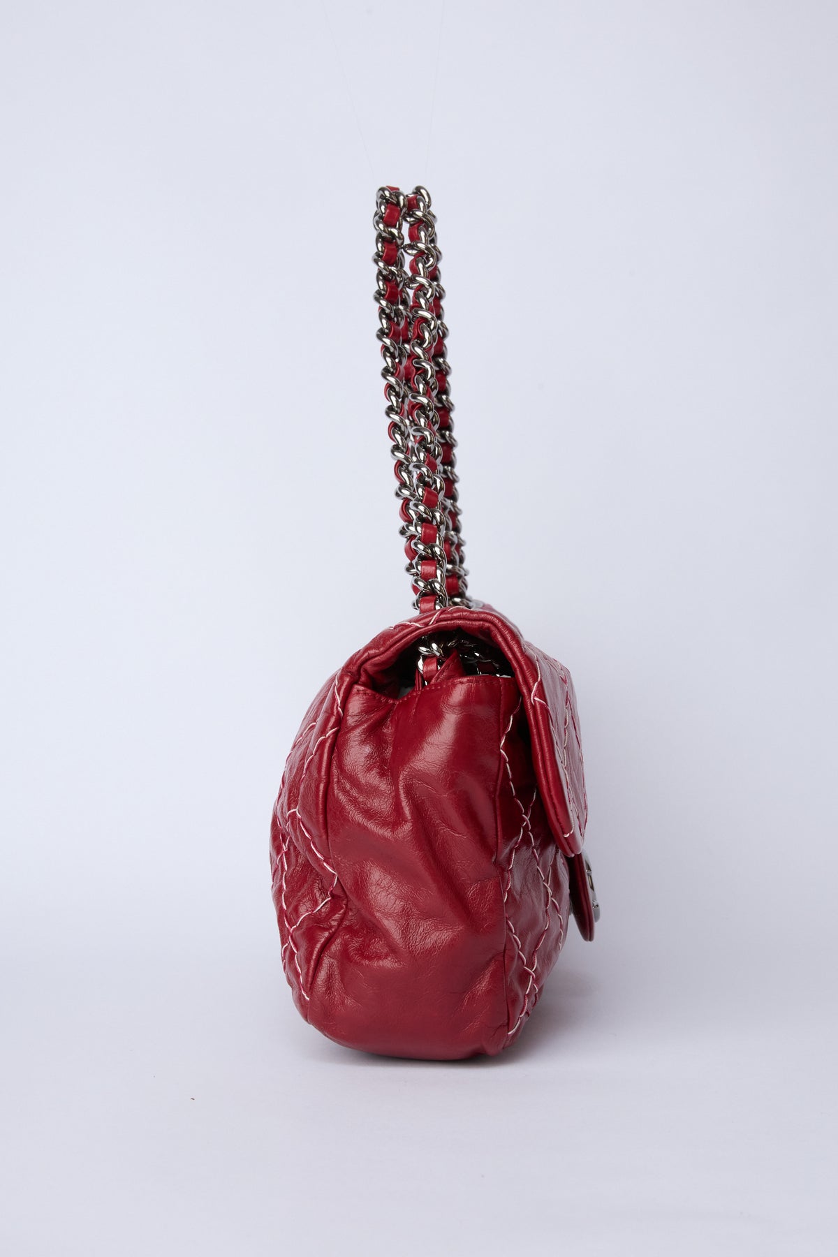 CHANEL RED STICH GLAZED MEDIUM FLAP