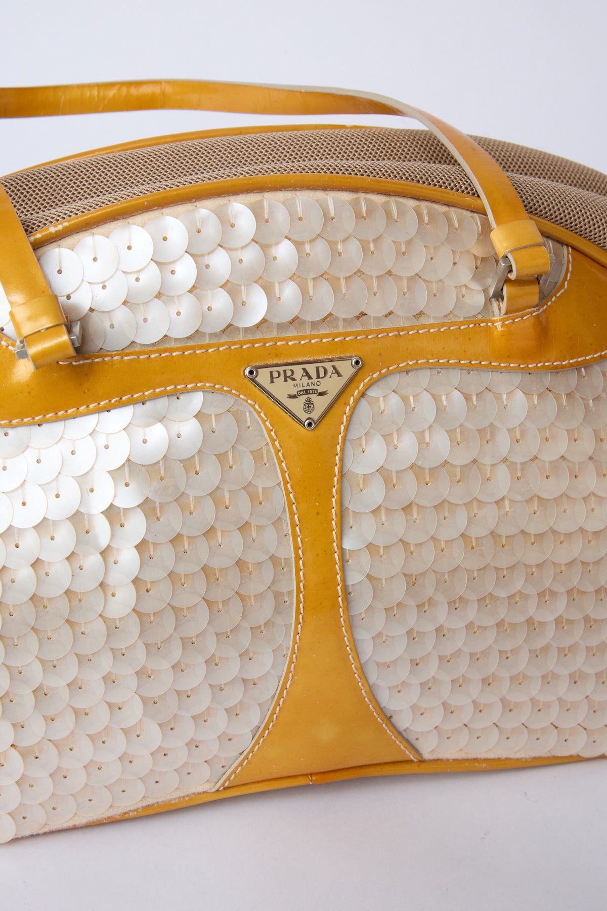 PRADA PEARLESCENT SEQUIN TRIANGLE BOWLER