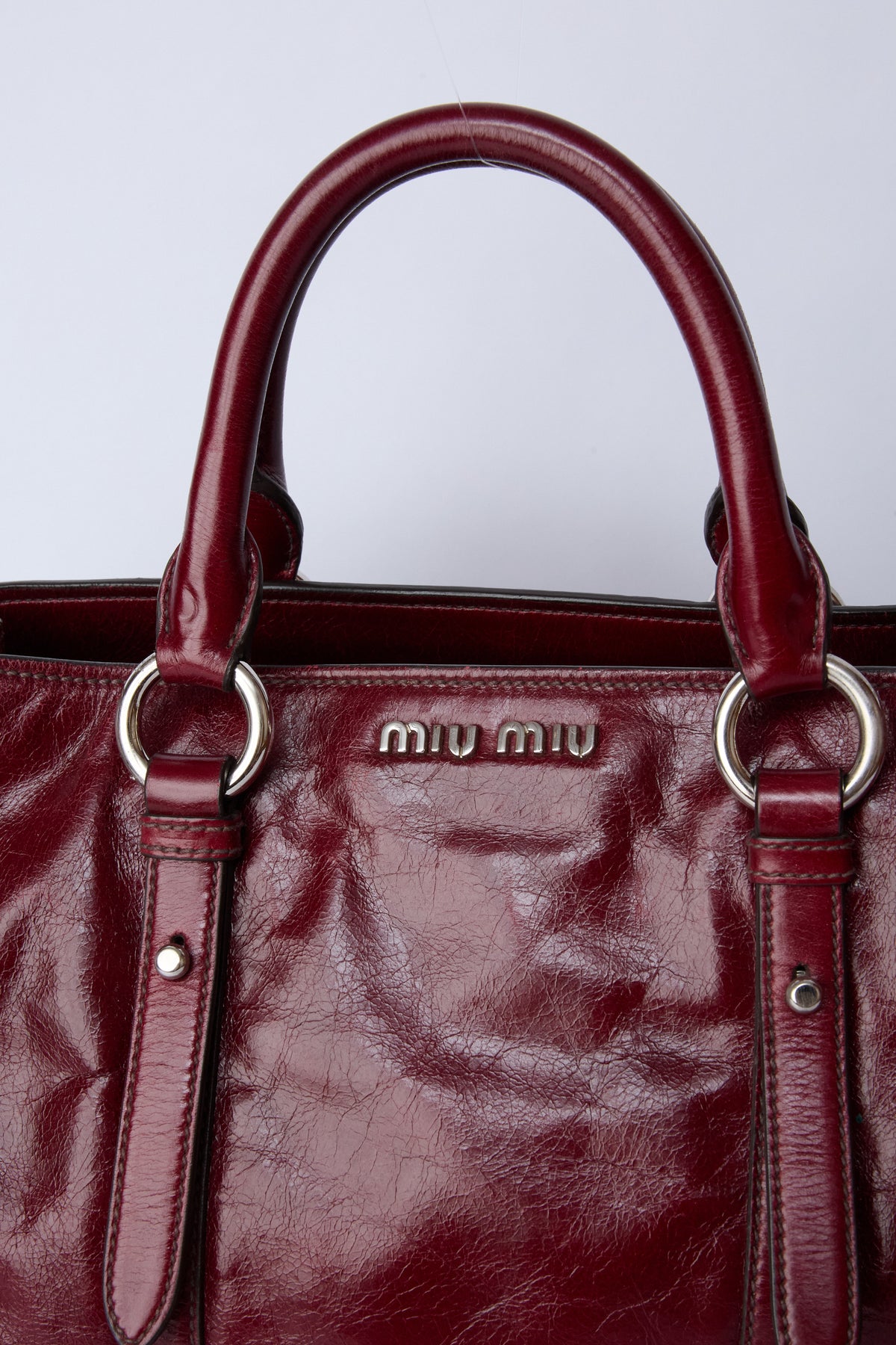 MIU MIU BURGUNDY VITELLO SHINE TOTE