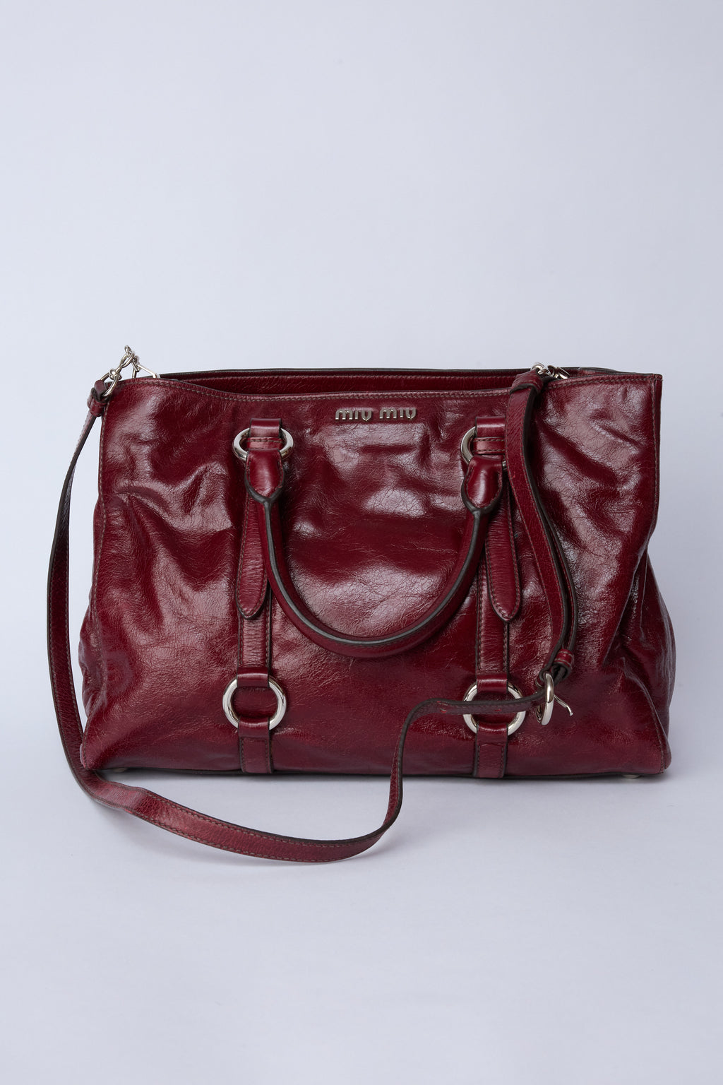 MIU MIU BURGUNDY VITELLO SHINE TOTE