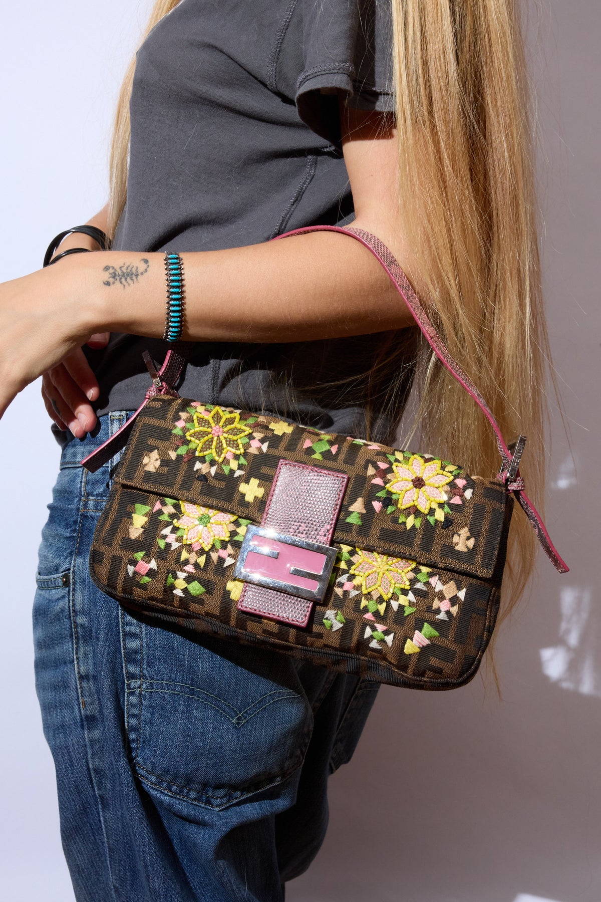 FENDI EMBELLISHED ZUCCA BAGUETTE