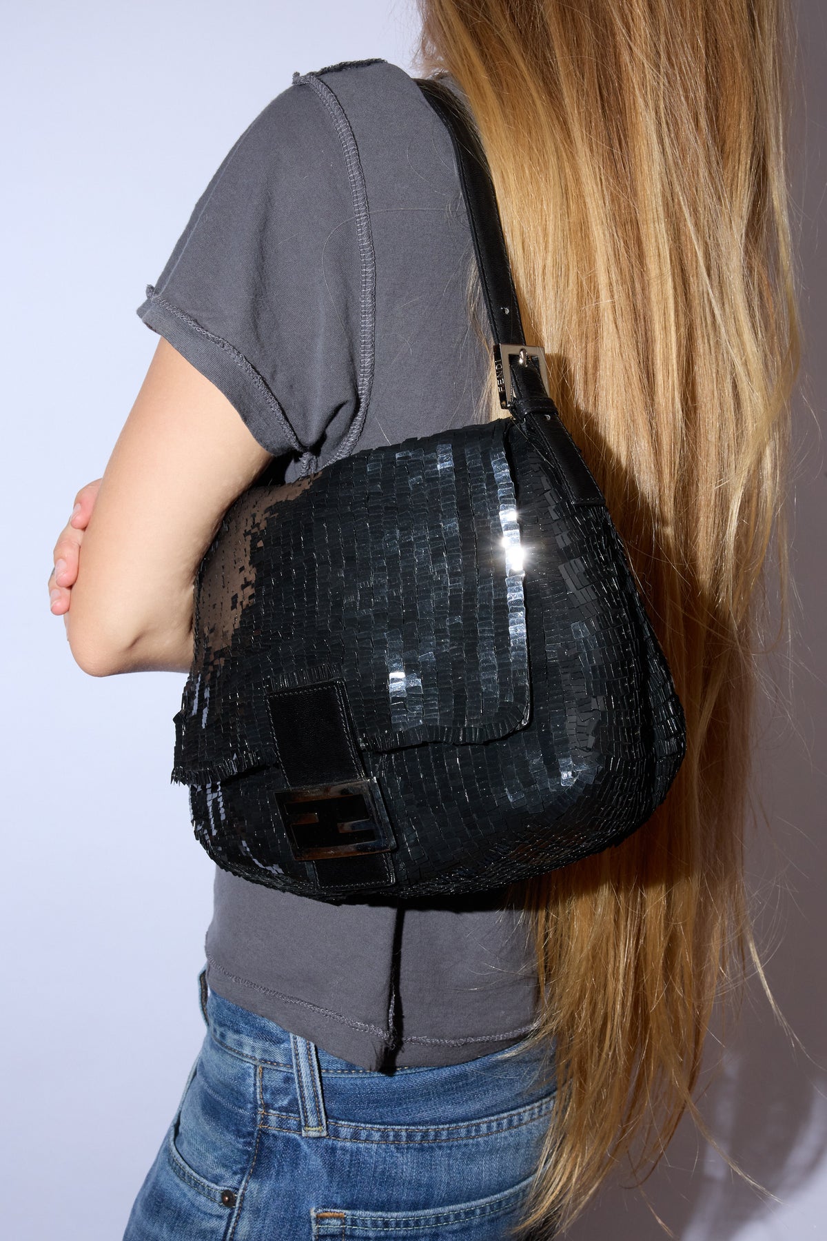 FENDI BLACK SEQUIN MAMMA BAGUETTE