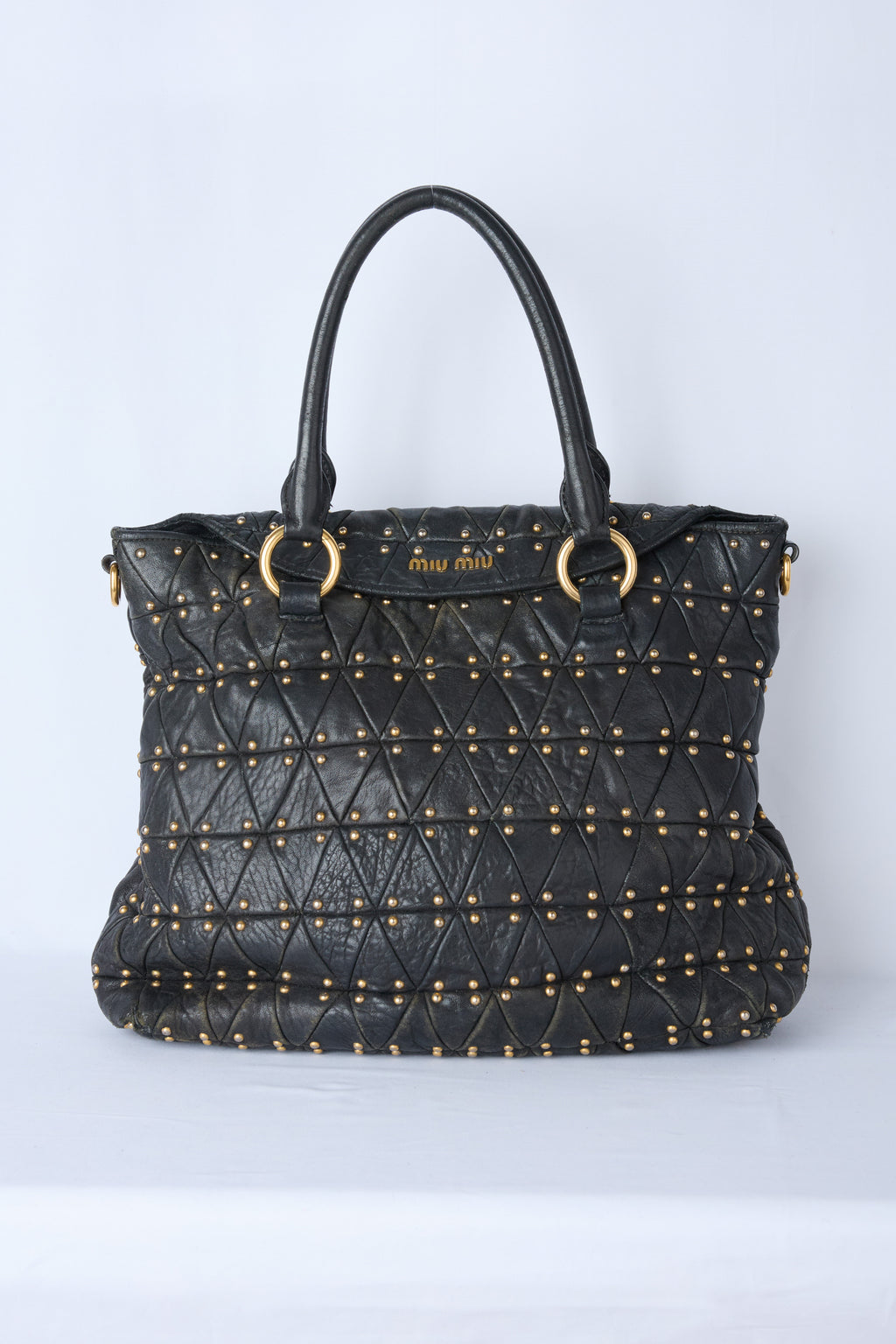 MIU MIU BLACK MATELASSÉ STUDDED QUILTED TOTE