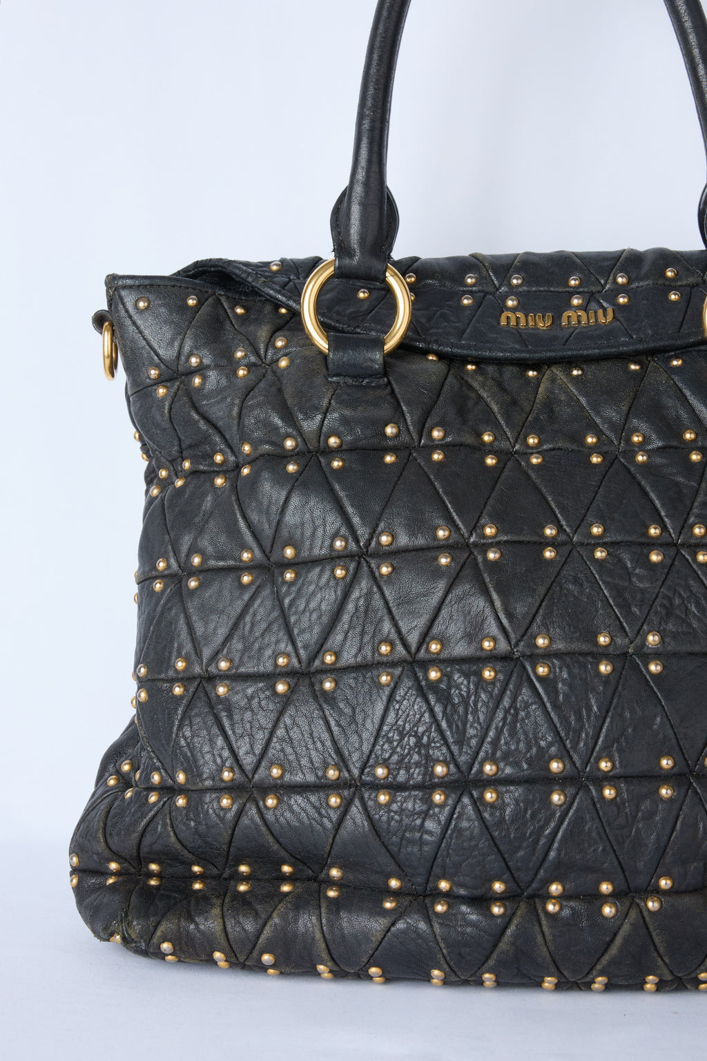 MIU MIU BLACK MATELASSÉ STUDDED QUILTED TOTE
