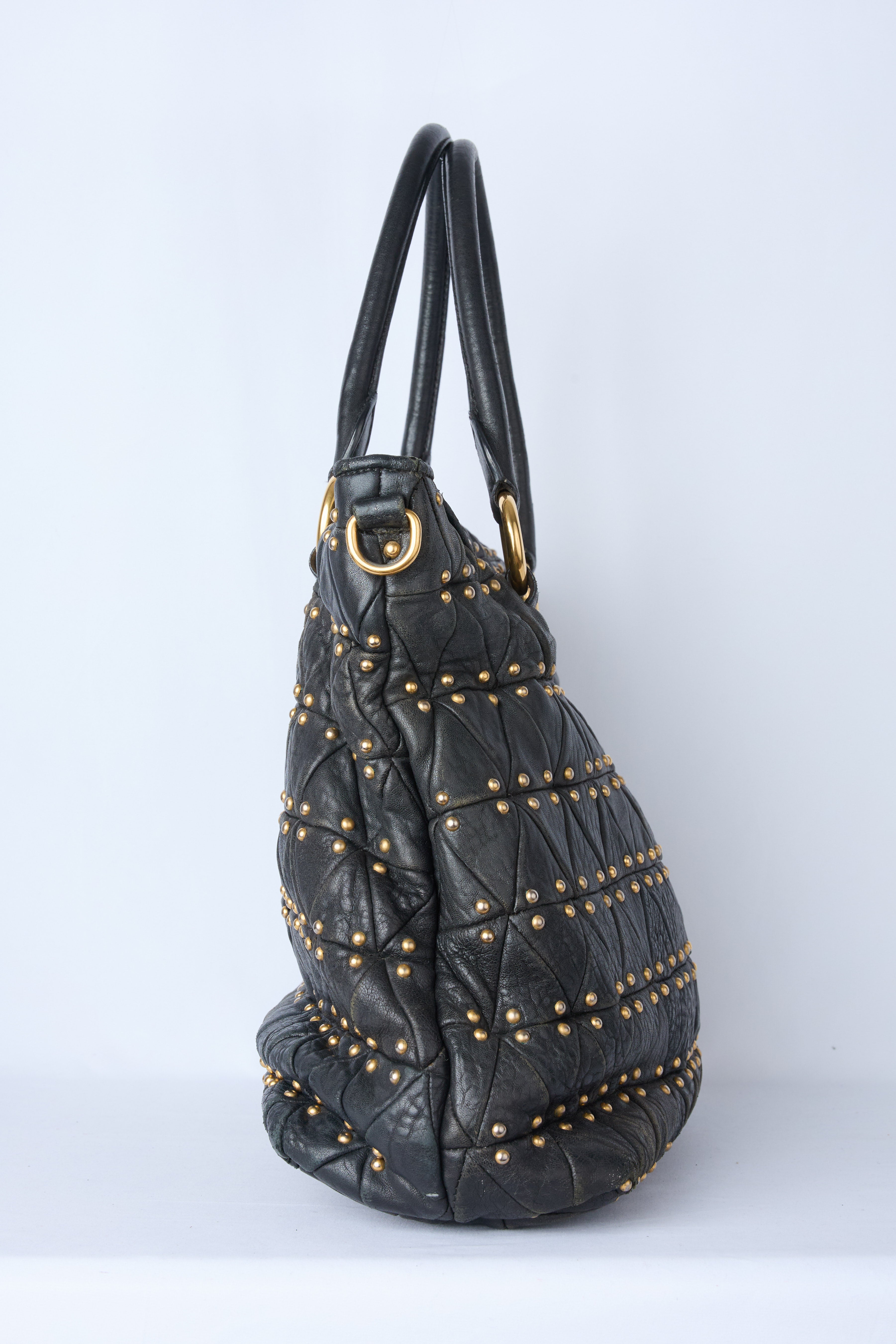 MIU MIU BLACK MATELASSÉ STUDDED QUILTED TOTE