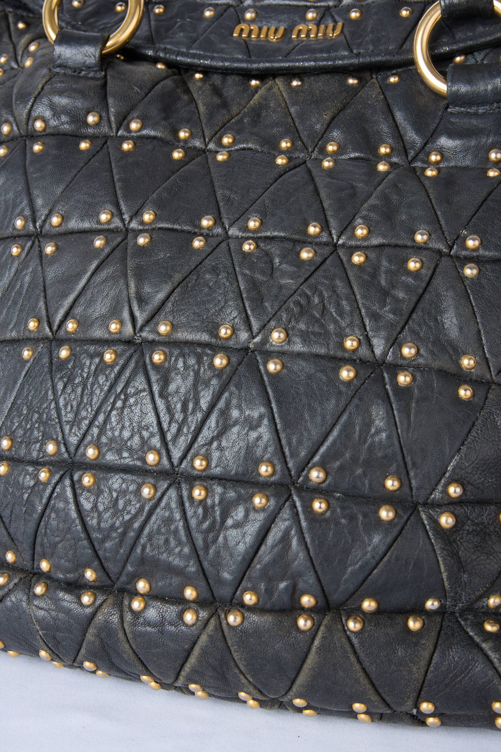 MIU MIU BLACK MATELASSÉ STUDDED QUILTED TOTE