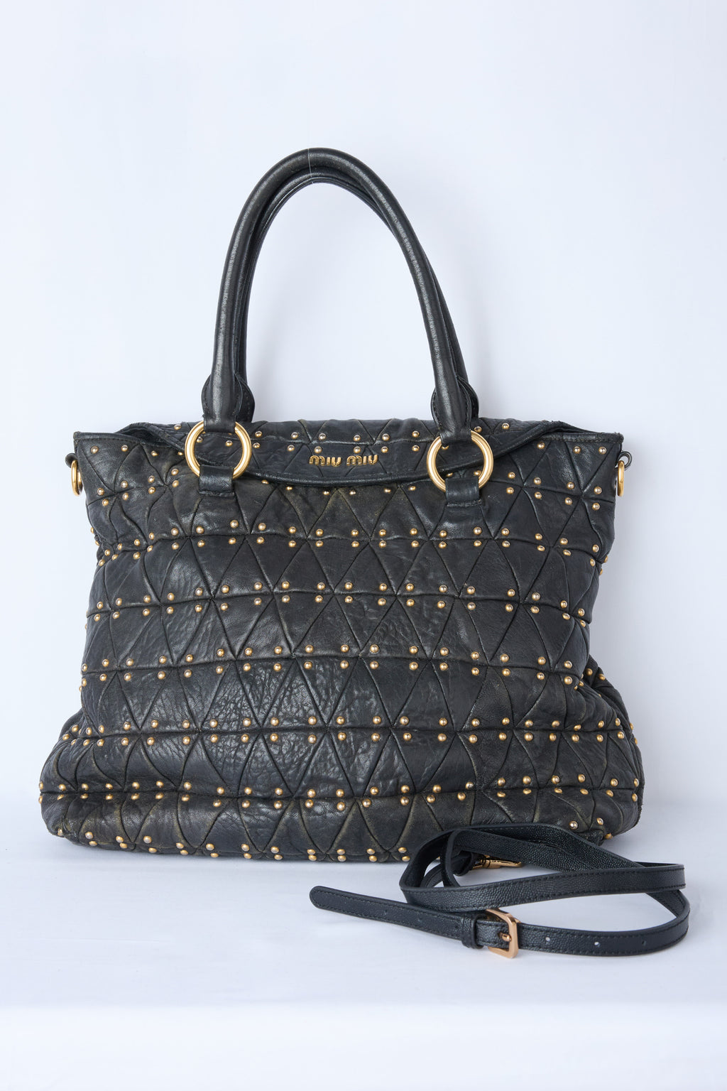 MIU MIU BLACK MATELASSÉ STUDDED QUILTED TOTE