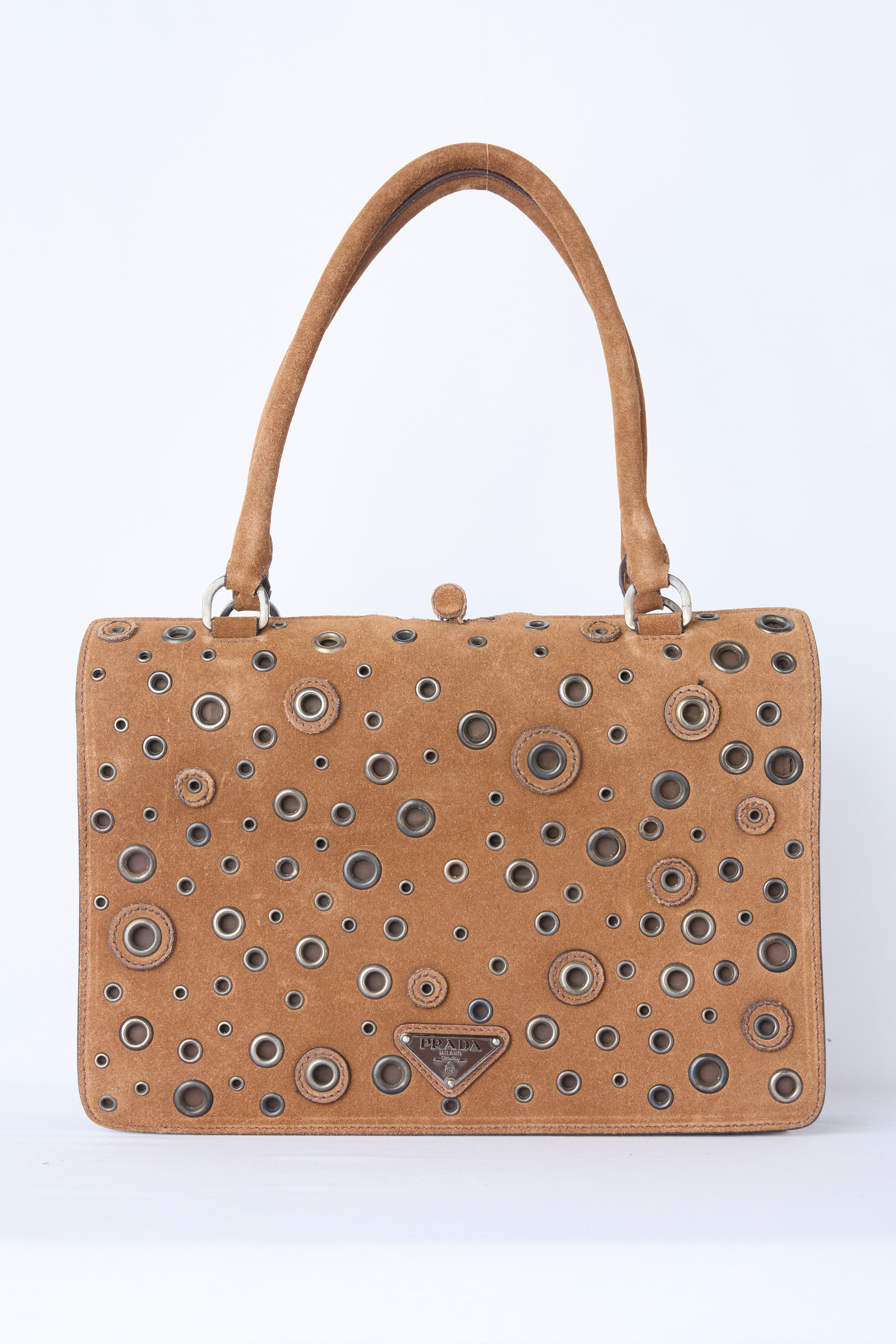 PRADA BROWN SUEDE GROMMET FRAME SATCHEL