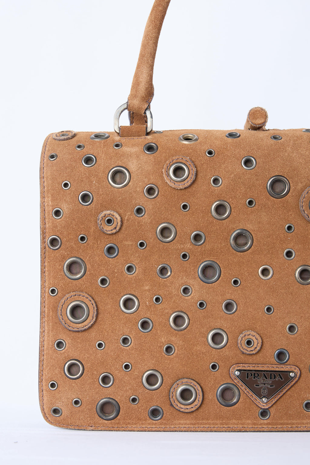 PRADA BROWN SUEDE GROMMET FRAME SATCHEL