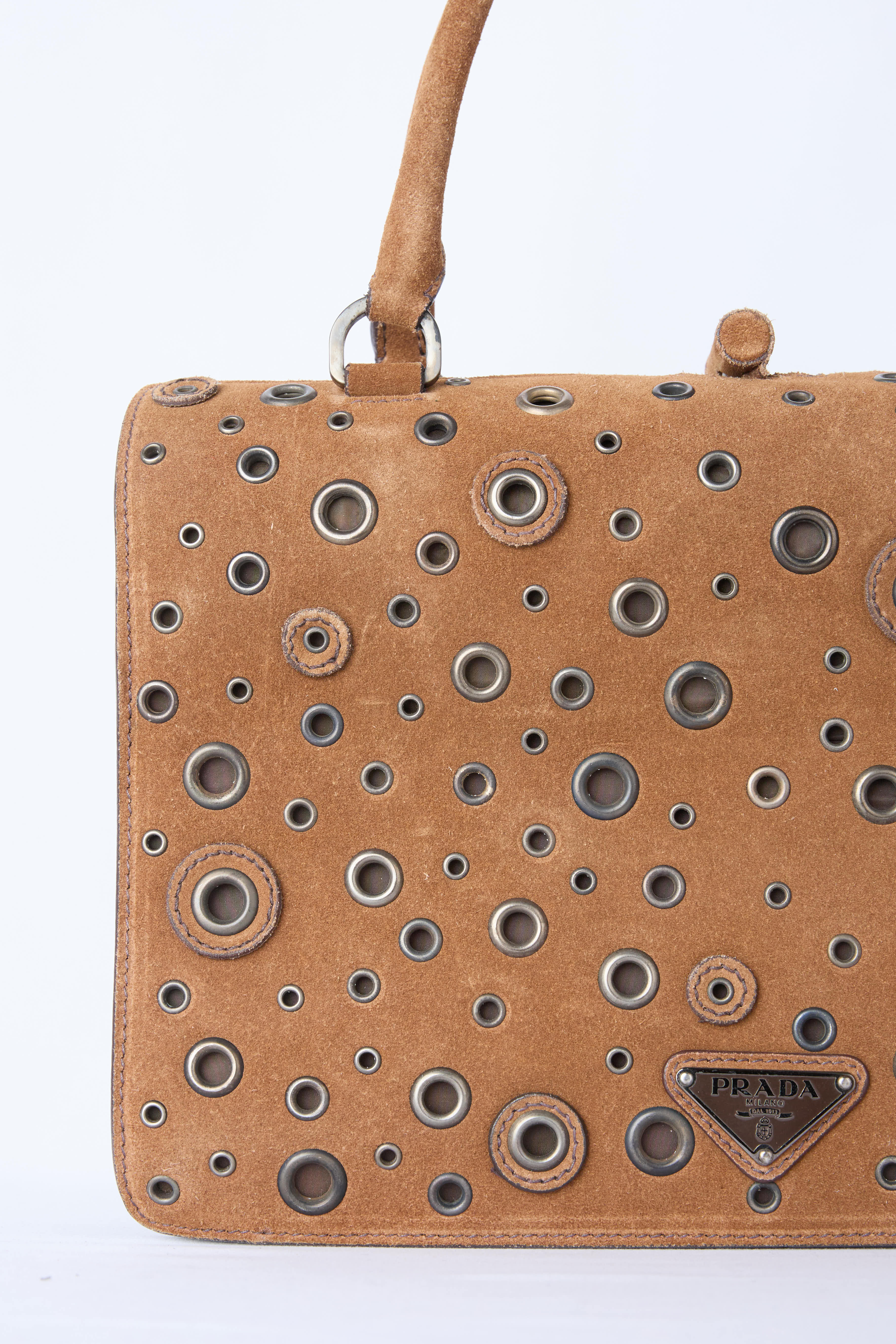 PRADA BROWN SUEDE GROMMET FRAME SATCHEL