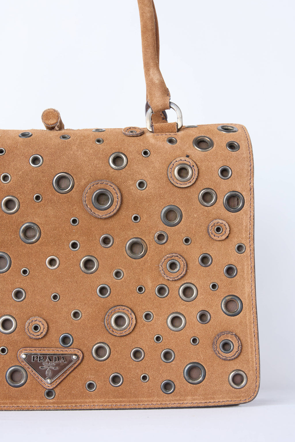 PRADA BROWN SUEDE GROMMET FRAME SATCHEL