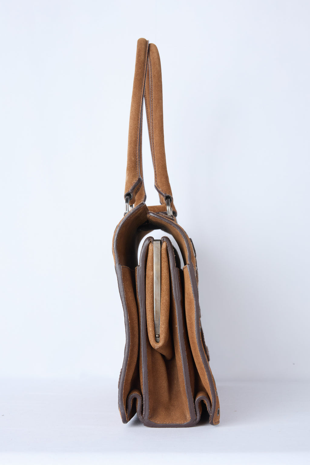 PRADA BROWN SUEDE GROMMET FRAME SATCHEL