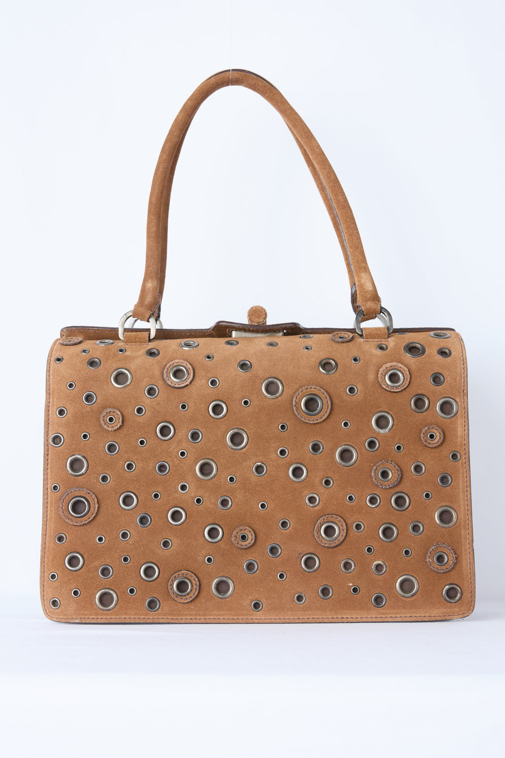 PRADA BROWN SUEDE GROMMET FRAME SATCHEL