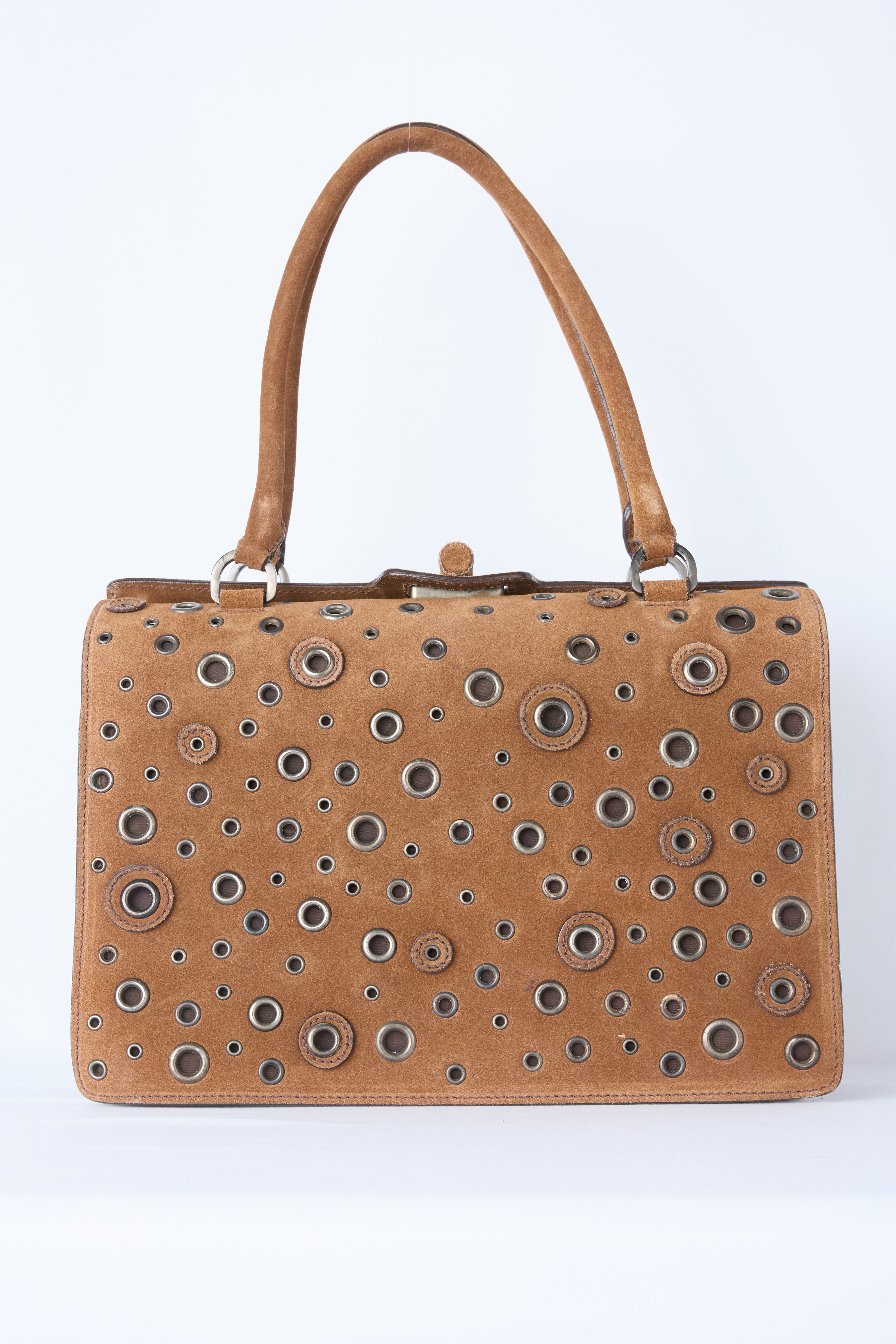 PRADA BROWN SUEDE GROMMET FRAME SATCHEL