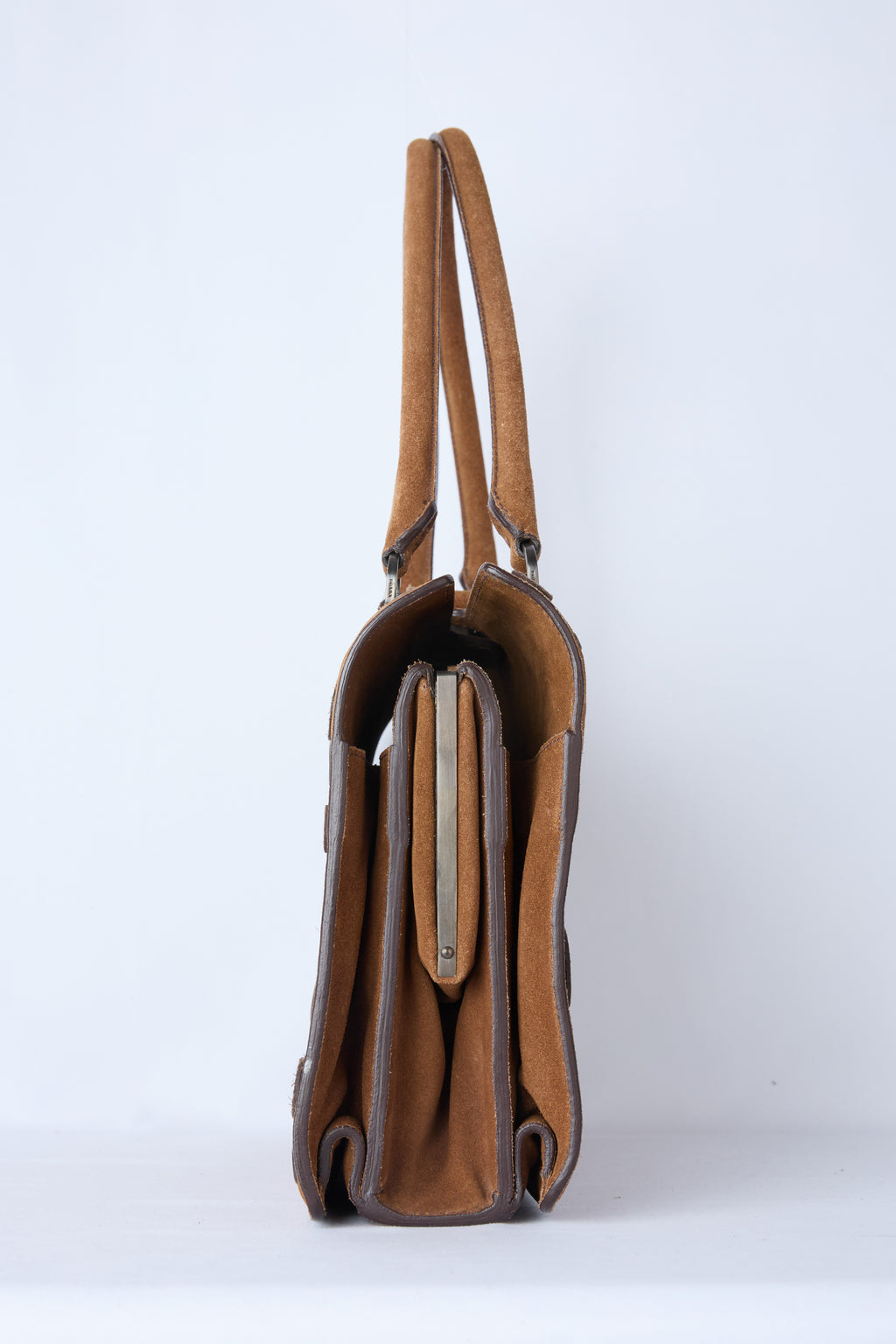 PRADA BROWN SUEDE GROMMET FRAME SATCHEL