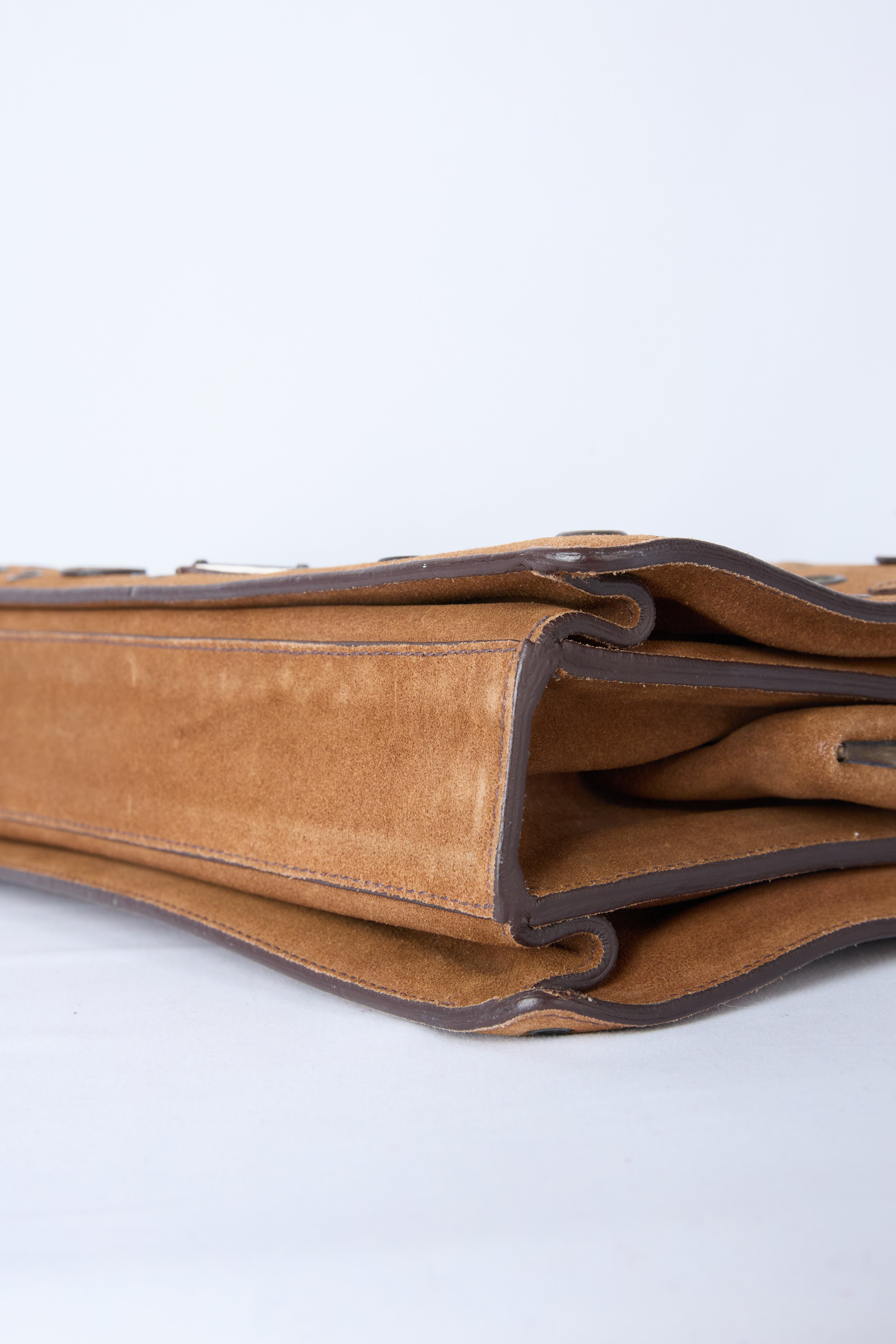 PRADA BROWN SUEDE GROMMET FRAME SATCHEL