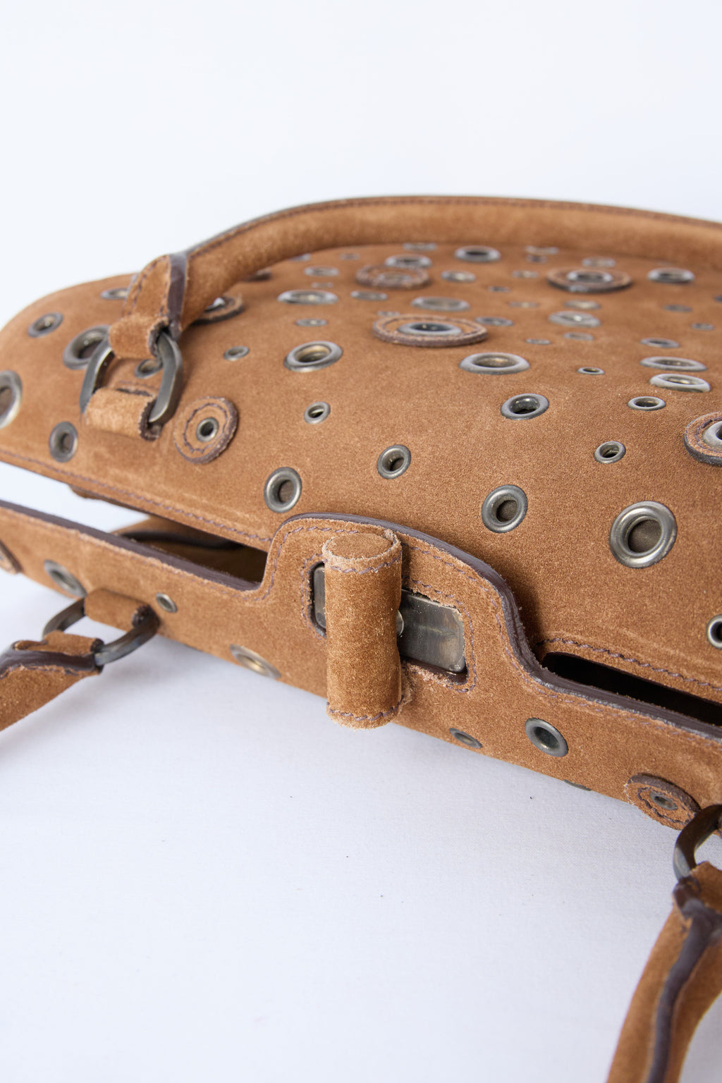 PRADA BROWN SUEDE GROMMET FRAME SATCHEL