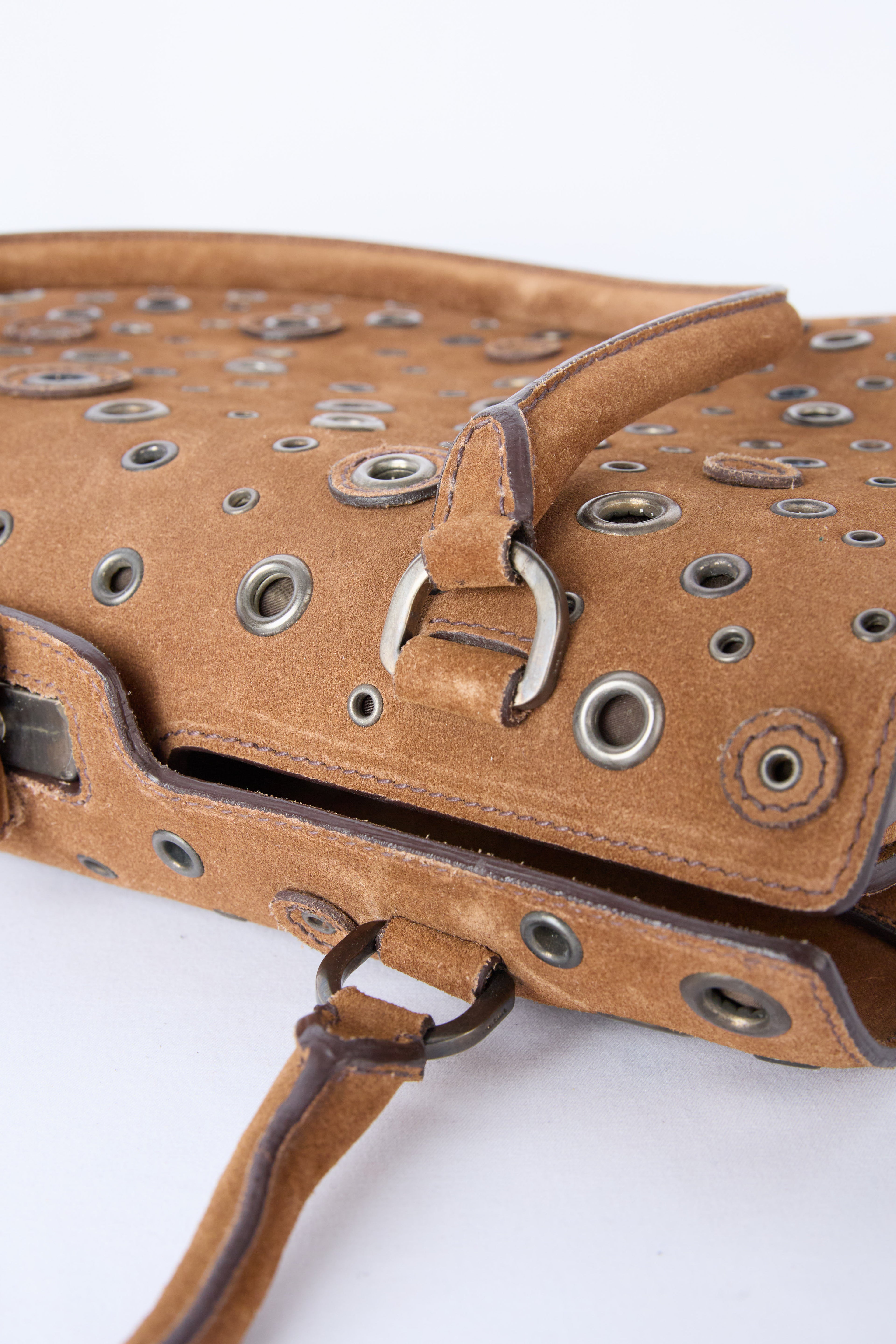 PRADA BROWN SUEDE GROMMET FRAME SATCHEL
