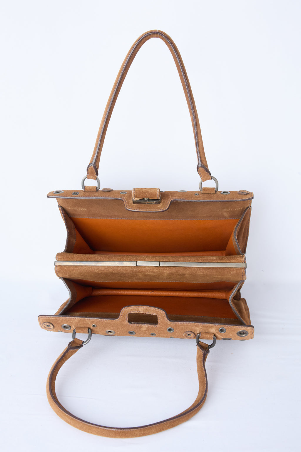 PRADA BROWN SUEDE GROMMET FRAME SATCHEL