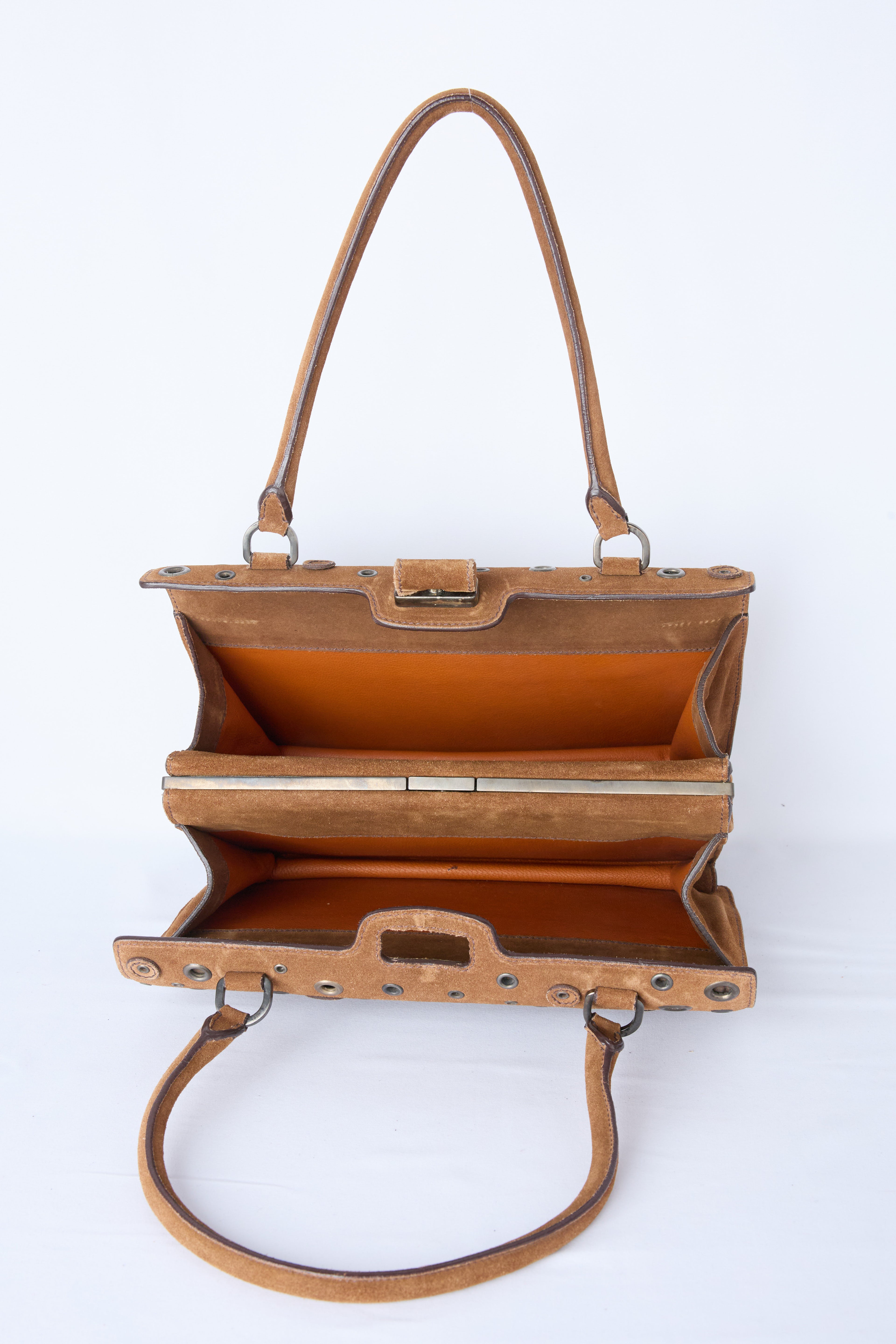 PRADA BROWN SUEDE GROMMET FRAME SATCHEL