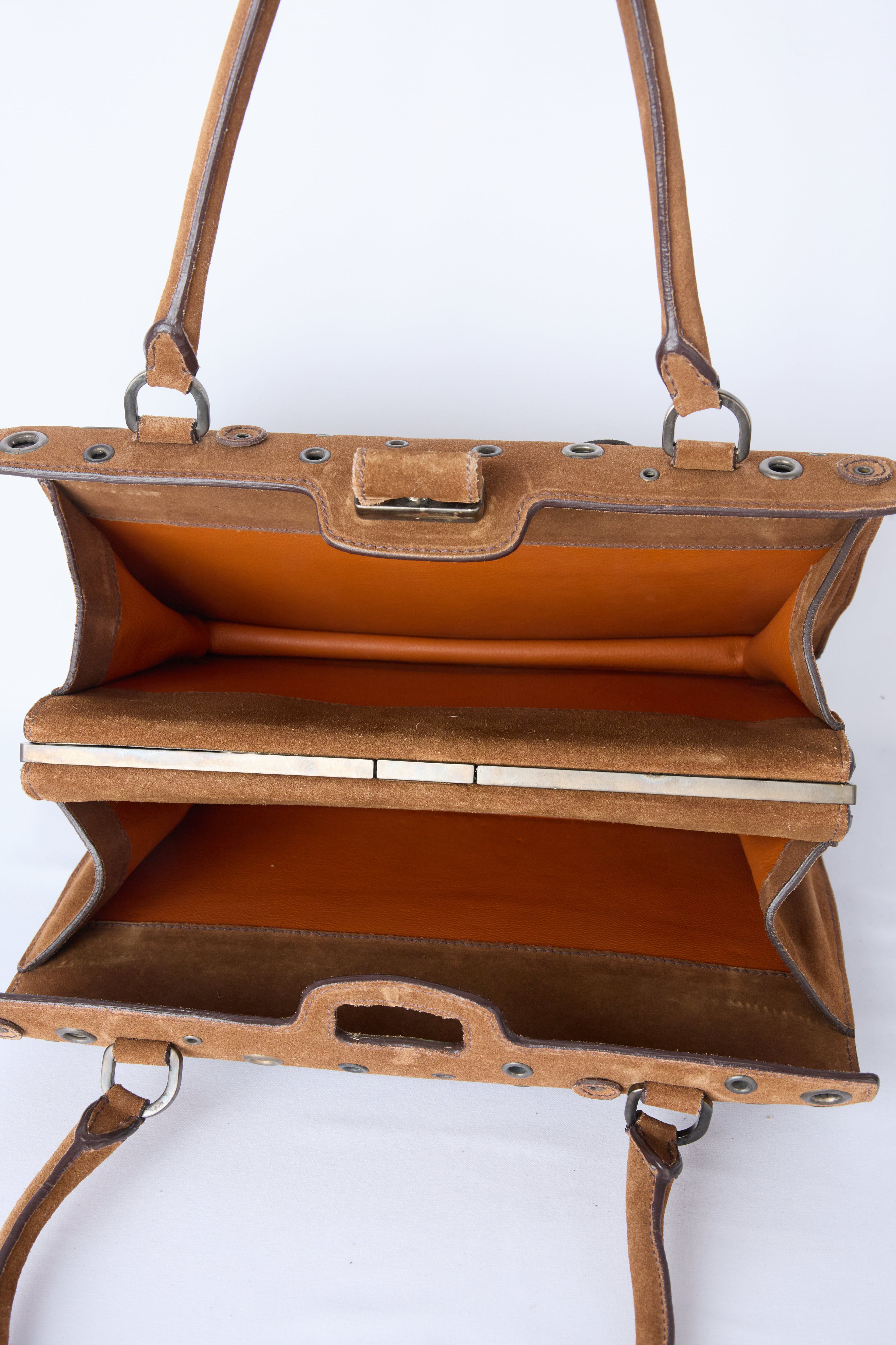 PRADA BROWN SUEDE GROMMET FRAME SATCHEL