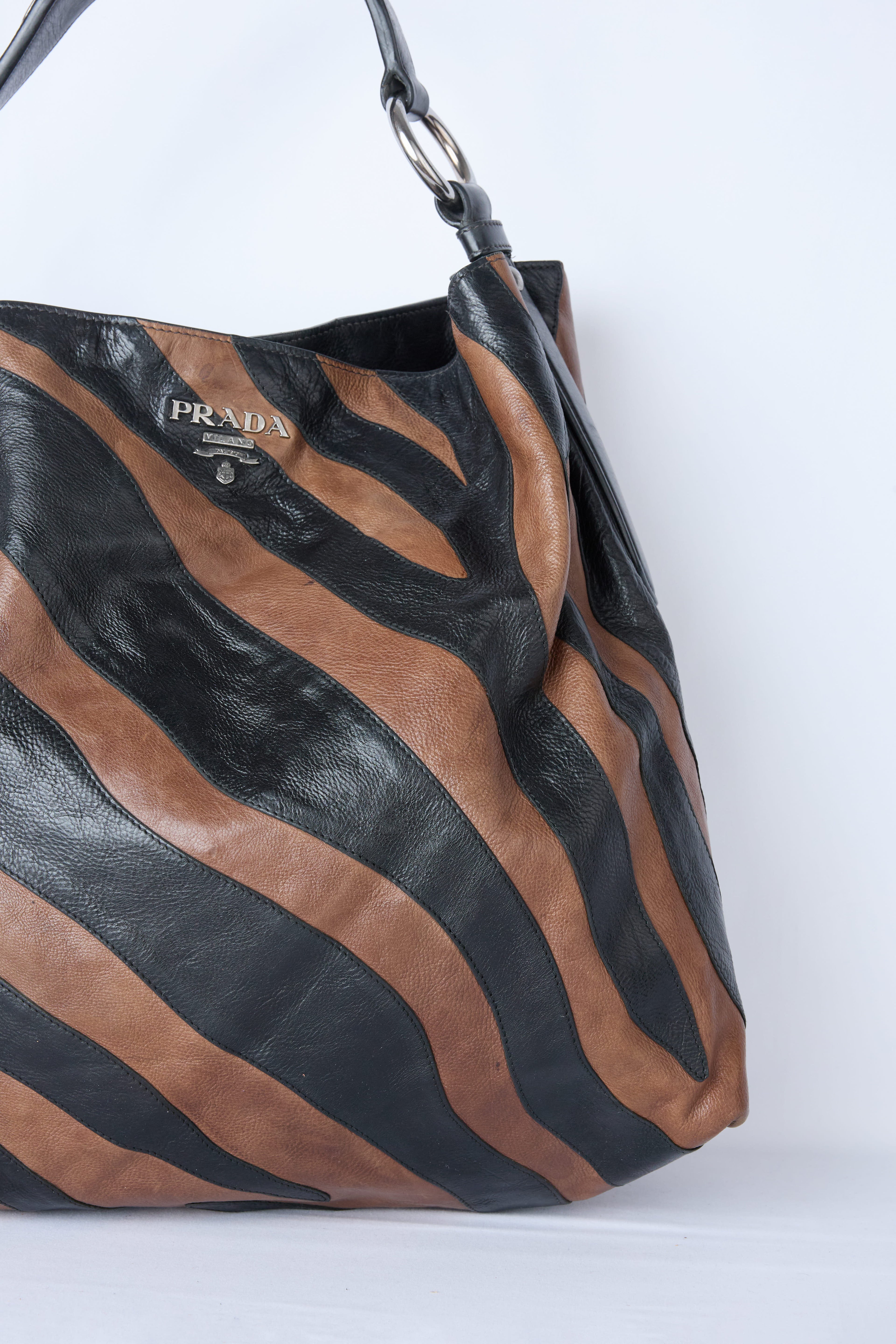 PRADA GLACE CALF ZEBRA STRIPED HOBO