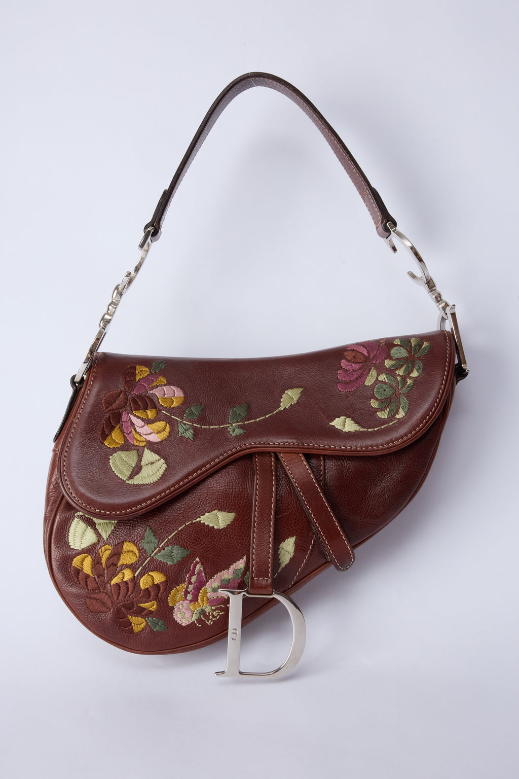 DIOR BROWN EMBROIDERED FLORAL SADDLE