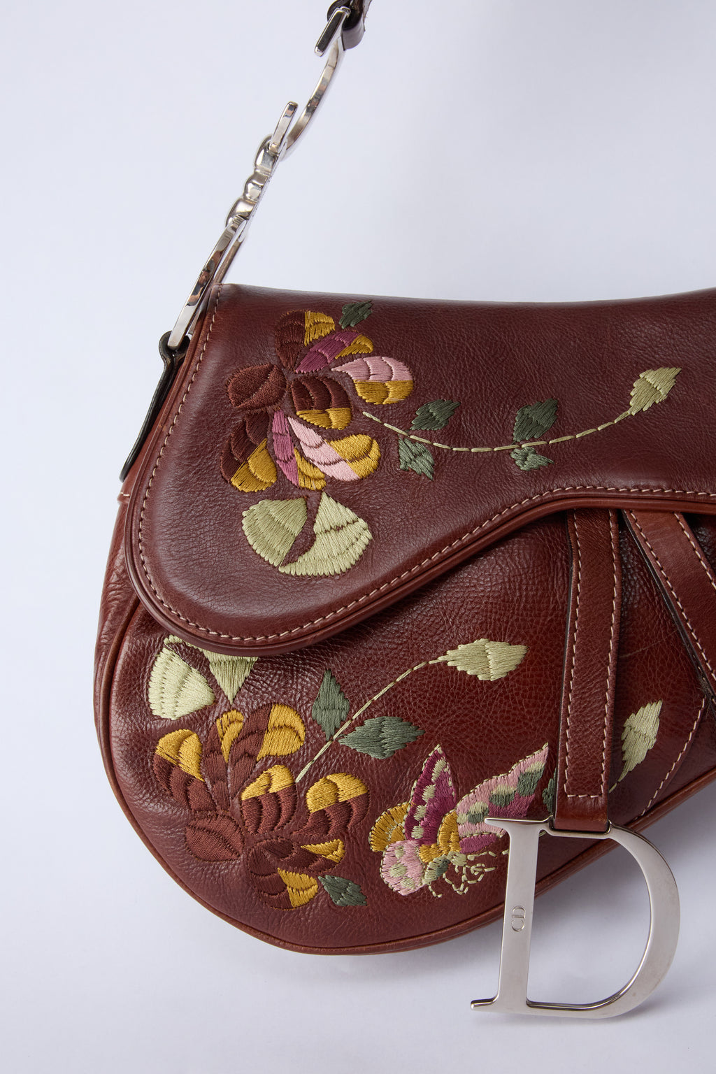 DIOR BROWN EMBROIDERED FLORAL SADDLE